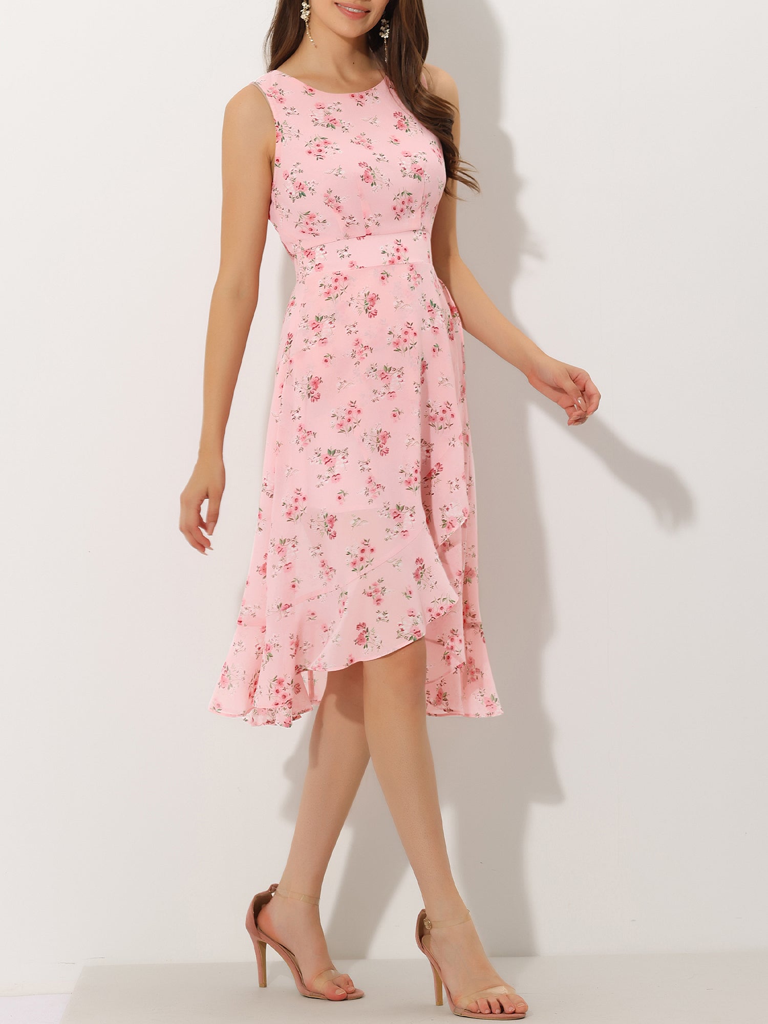 Wrap Ruffle High Low Hem Round Neck Sleeveless Floral Dress