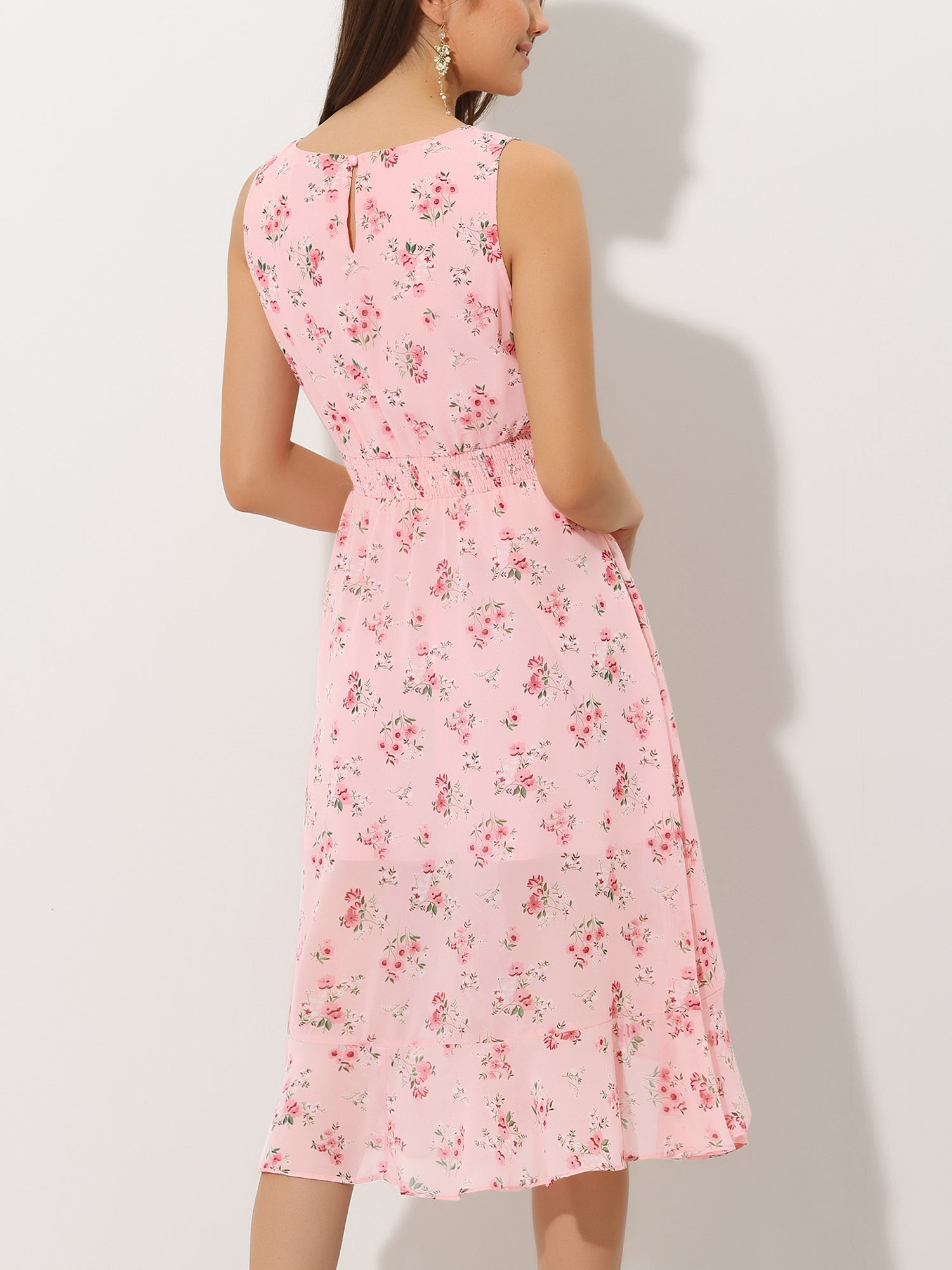 Wrap Ruffle High Low Hem Round Neck Sleeveless Floral Dress