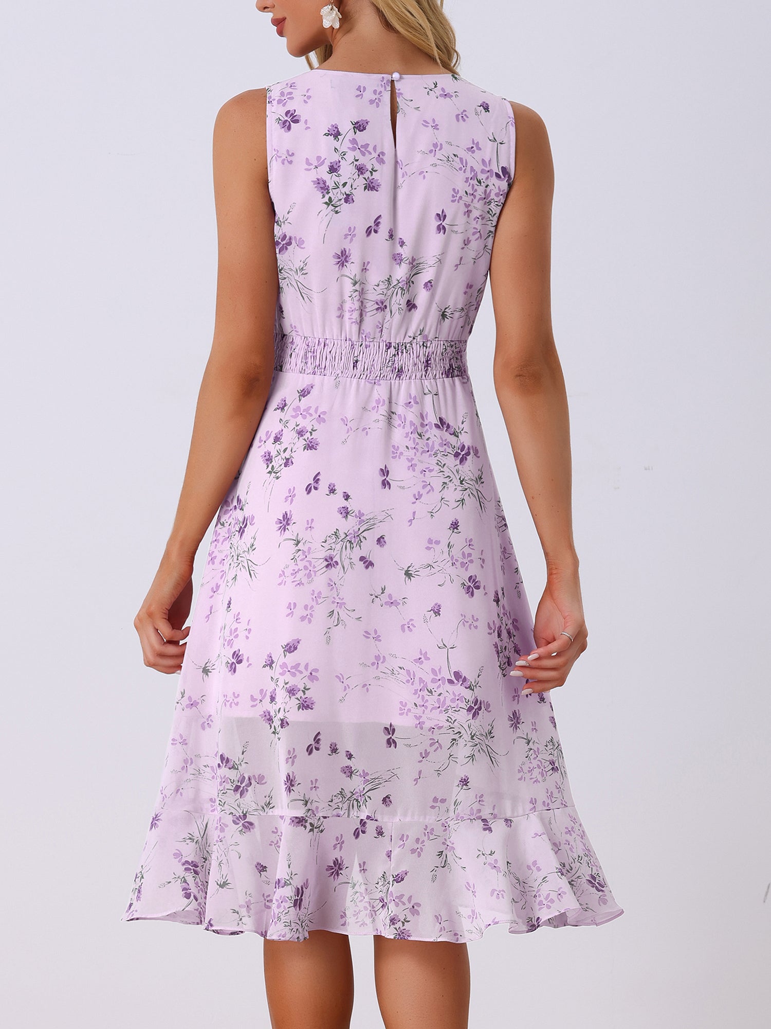 Wrap Ruffle High Low Hem Round Neck Sleeveless Floral Dress