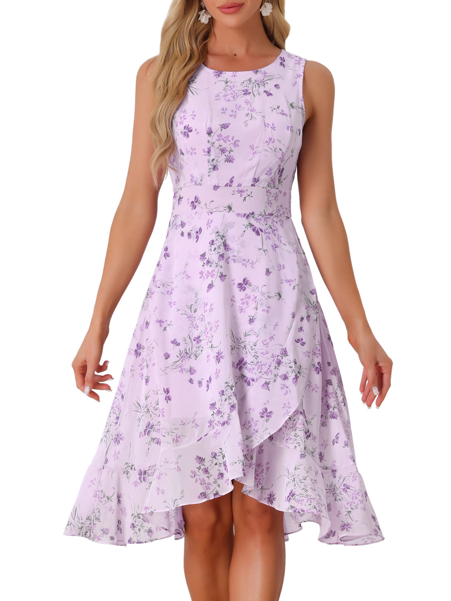 Wrap Ruffle High Low Hem Round Neck Sleeveless Floral Dress