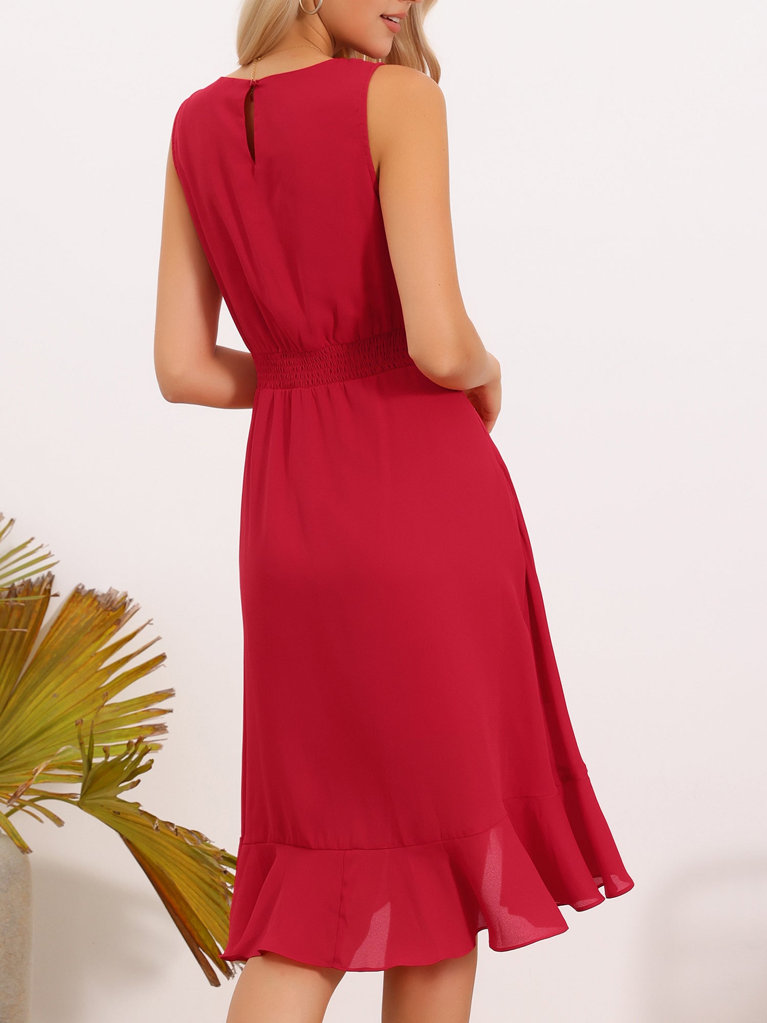 Wrap Ruffle High Low Hem Round Neck Sleeveless Floral Dress