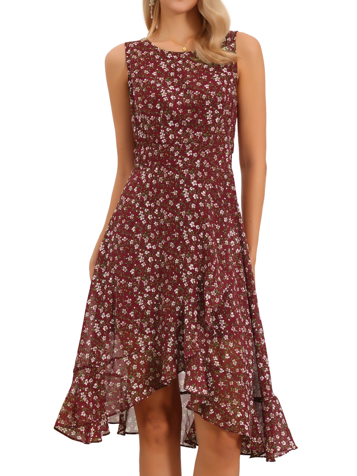 Wrap Ruffle High Low Hem Round Neck Sleeveless Floral Dress