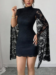 Lace Mock Neck Cape Sleeves Bodycon Mini Dress