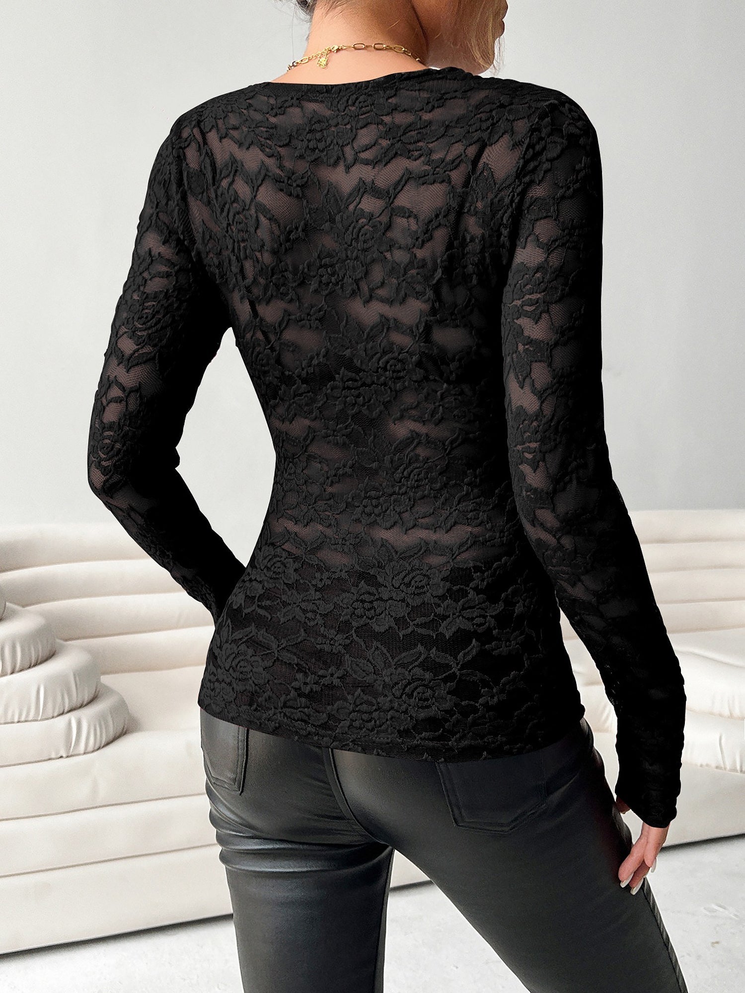 Lace V Neck Long Sleeves Sheer Blouse