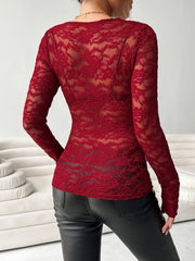 Lace V Neck Long Sleeves Sheer Blouse
