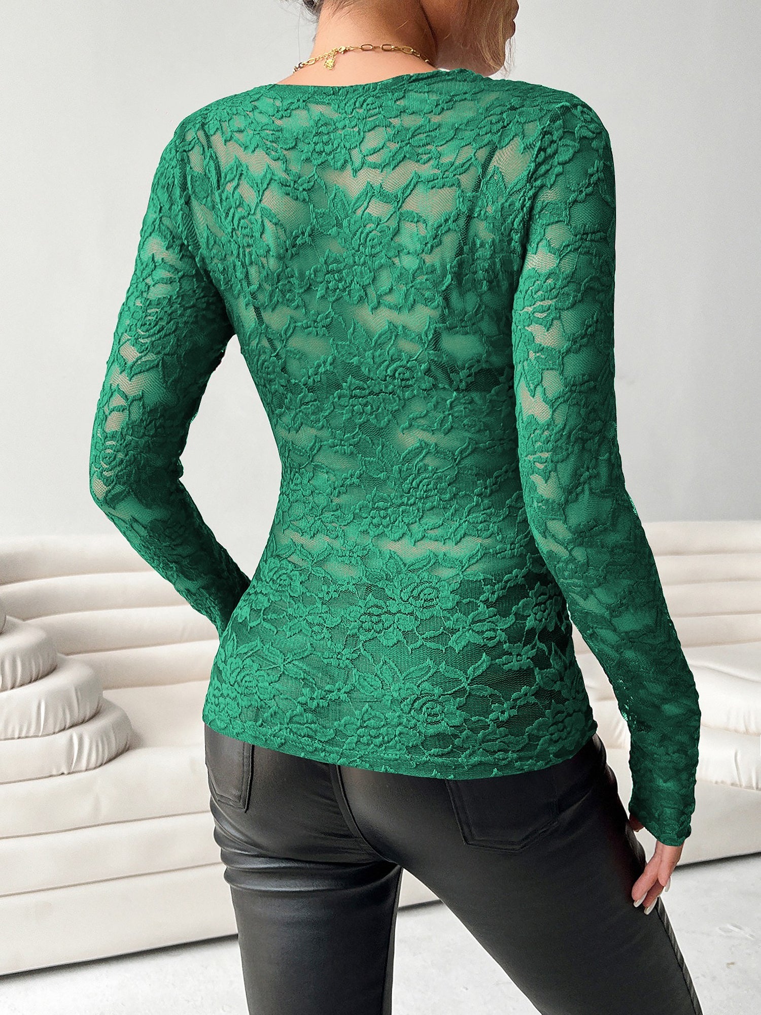 Lace V Neck Long Sleeves Sheer Blouse