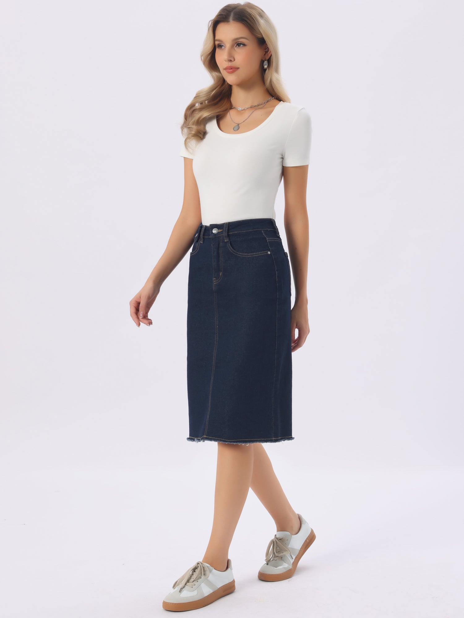 Casual High Waist Back Slit Stretch Denim Midi Jean Skirt