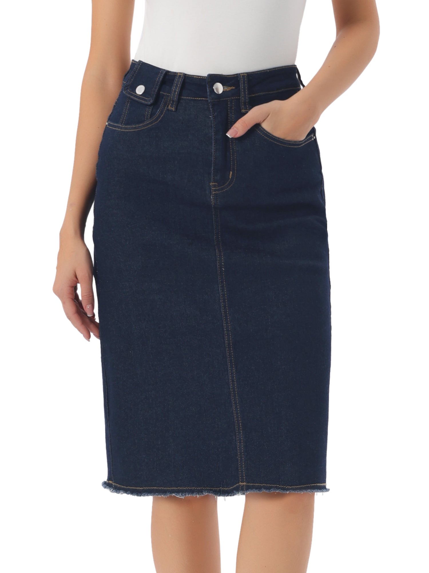 Casual High Waist Back Slit Stretch Denim Midi Jean Skirt