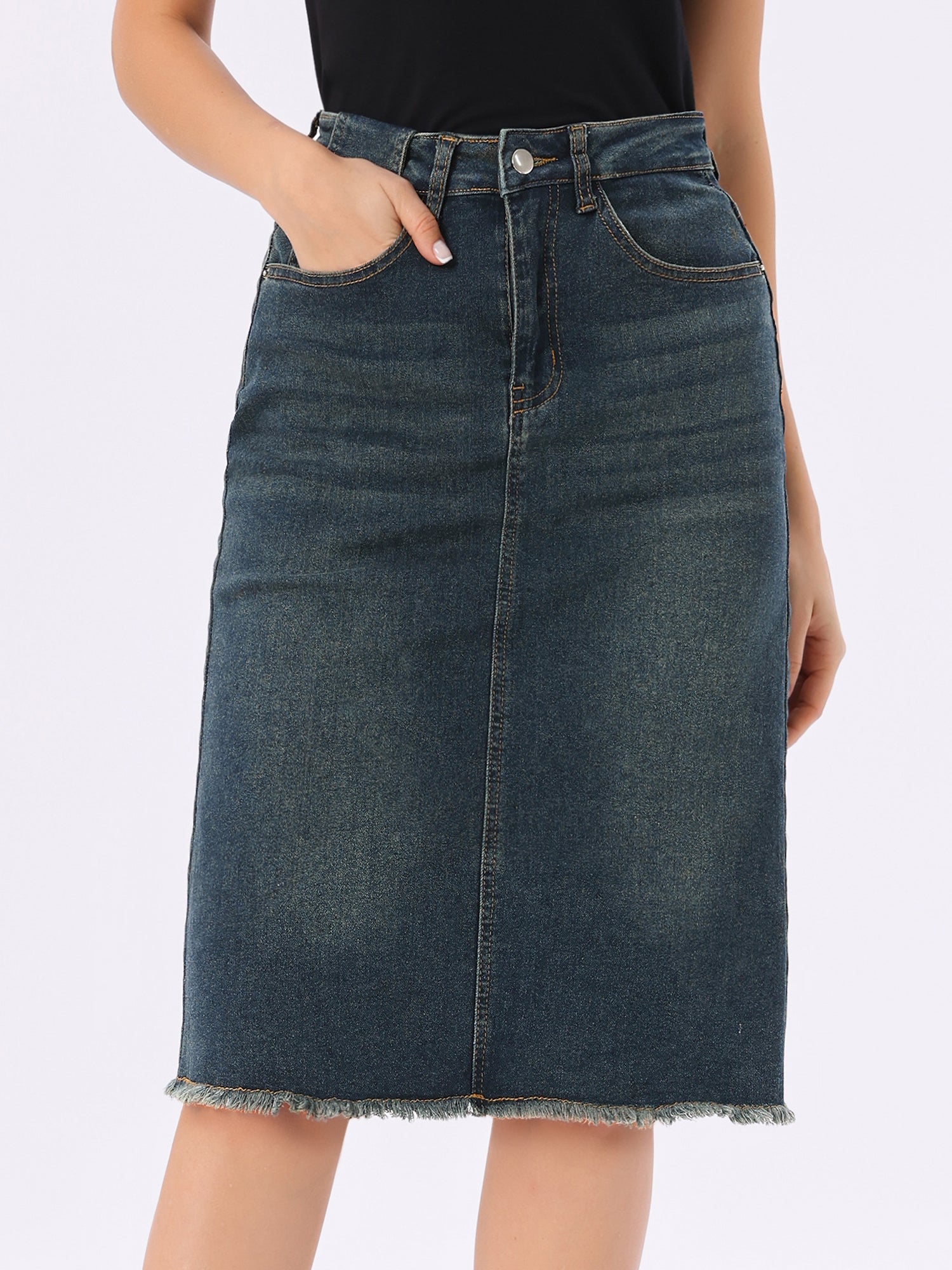 Casual High Waist Back Slit Stretch Denim Midi Jean Skirt