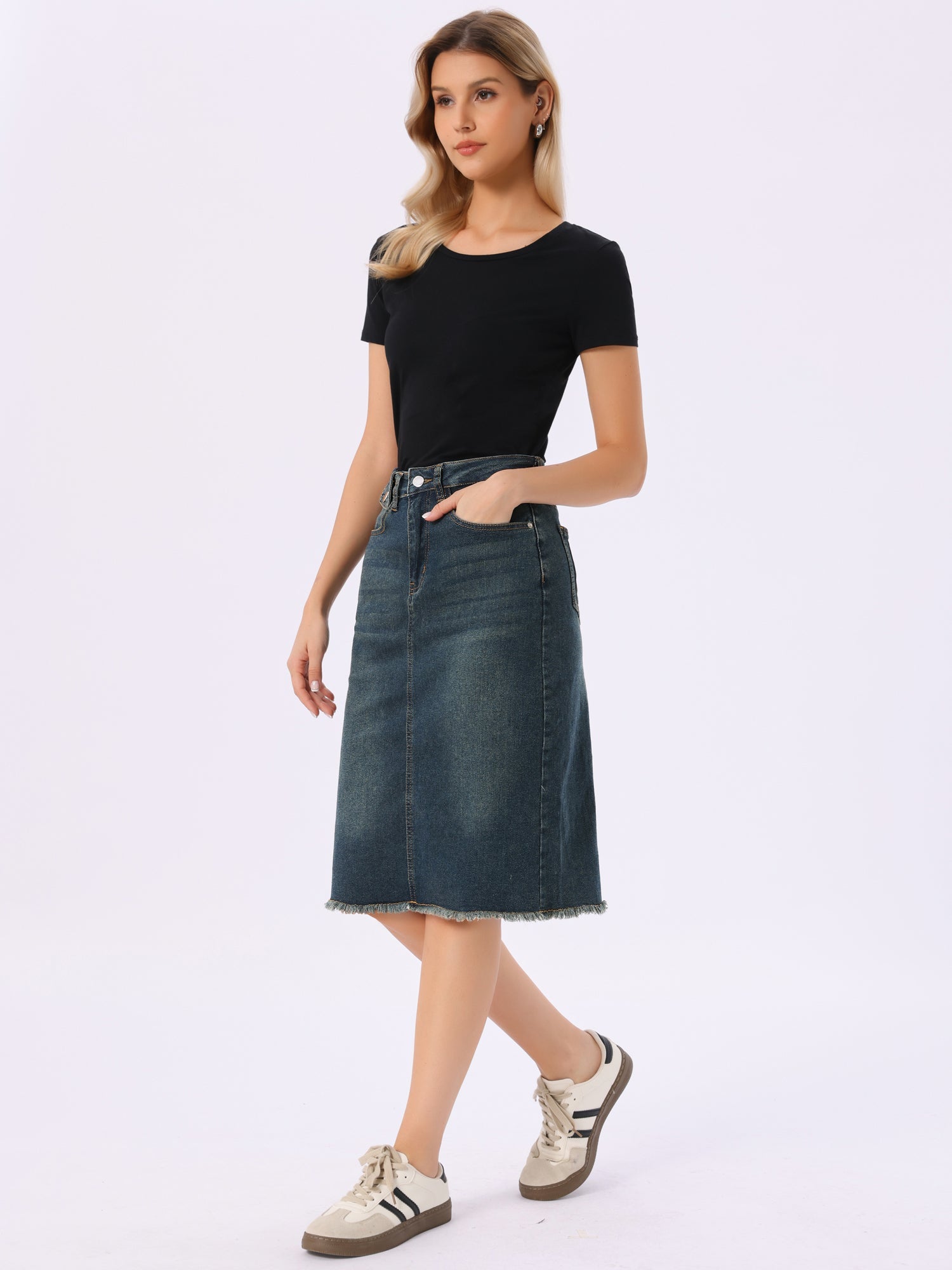 Casual High Waist Back Slit Stretch Denim Midi Jean Skirt