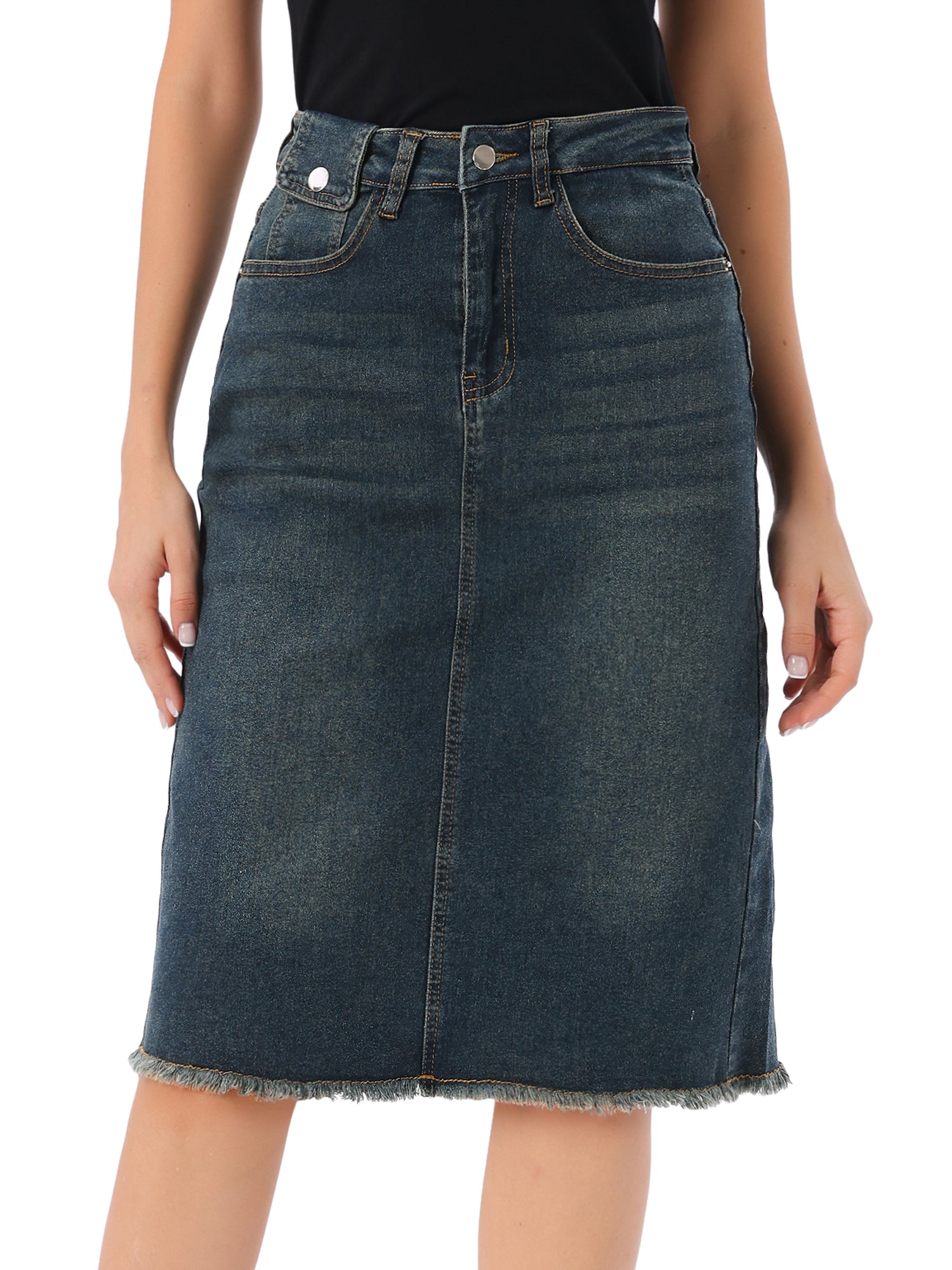 Casual High Waist Back Slit Stretch Denim Midi Jean Skirt