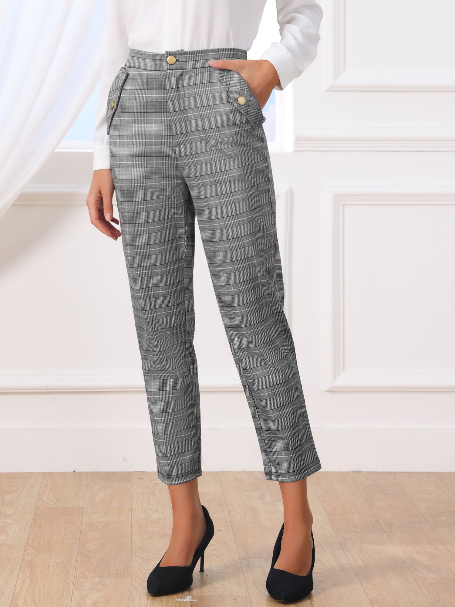 Vintage Tartan Plaid Pants Elastic Waist Straight Long Trousers