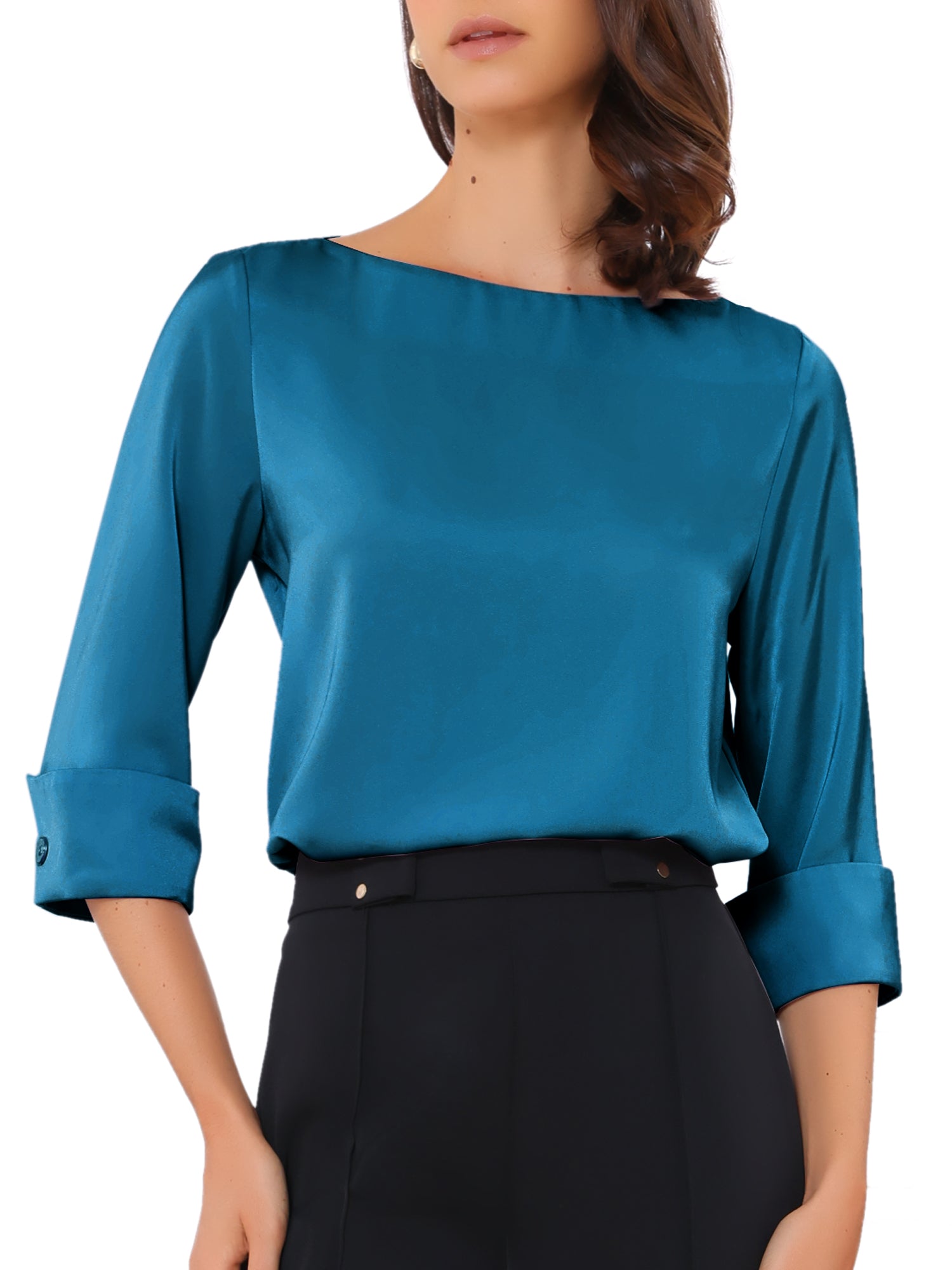 Dressy Casual Boat Neck 3/4 Sleeve Work Satin Blouse