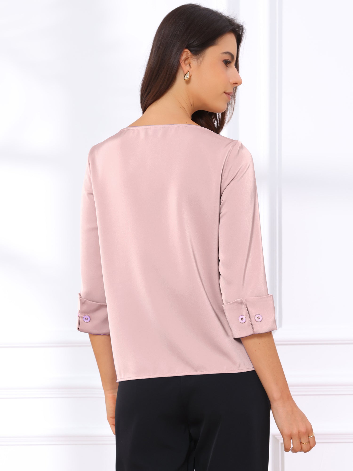 Dressy Casual Boat Neck 3/4 Sleeve Work Satin Blouse