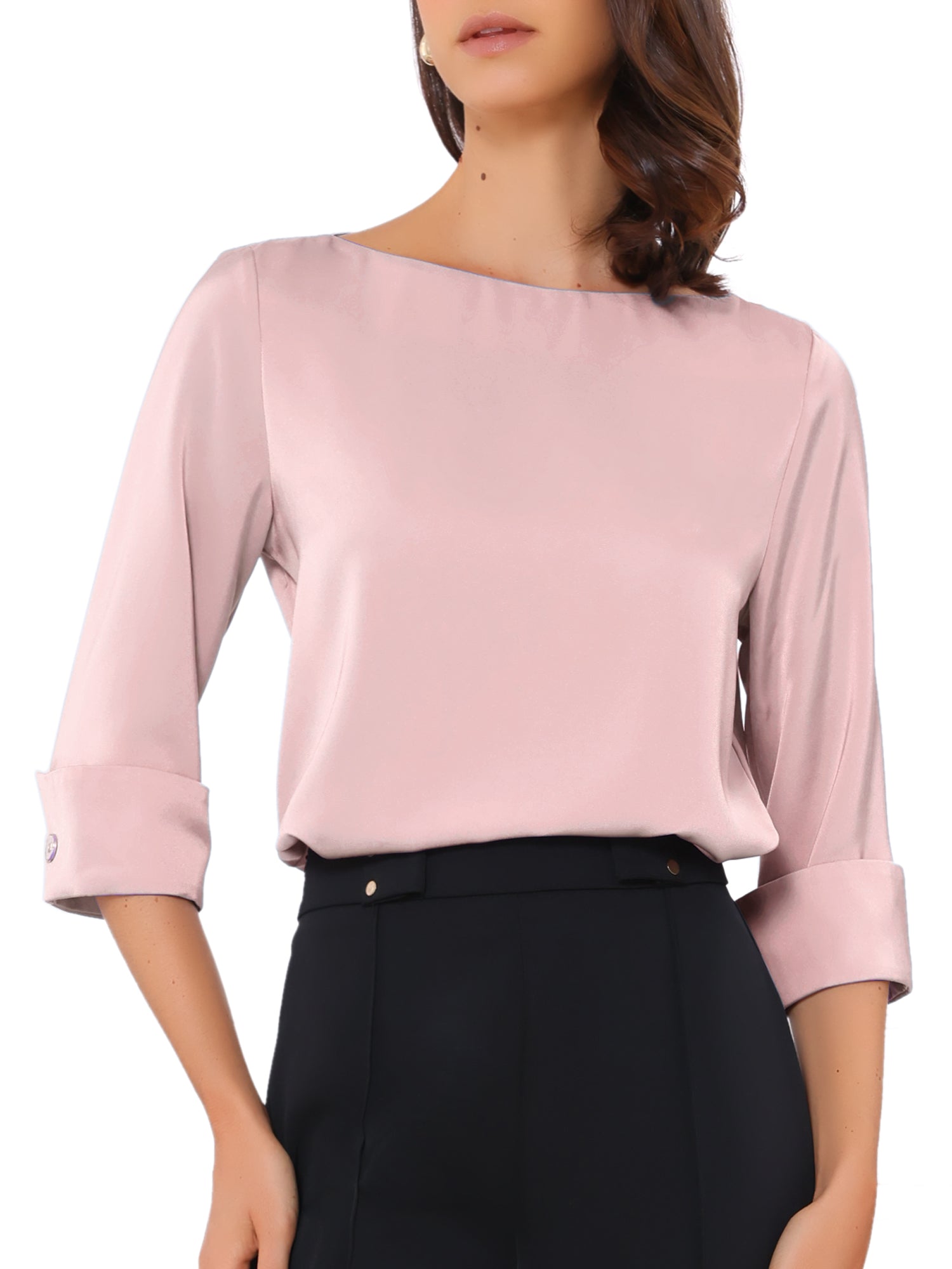 Dressy Casual Boat Neck 3/4 Sleeve Work Satin Blouse