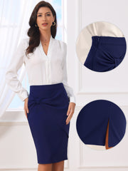 Work Pencil Ruched High Waist Bodycon Midi Skirt