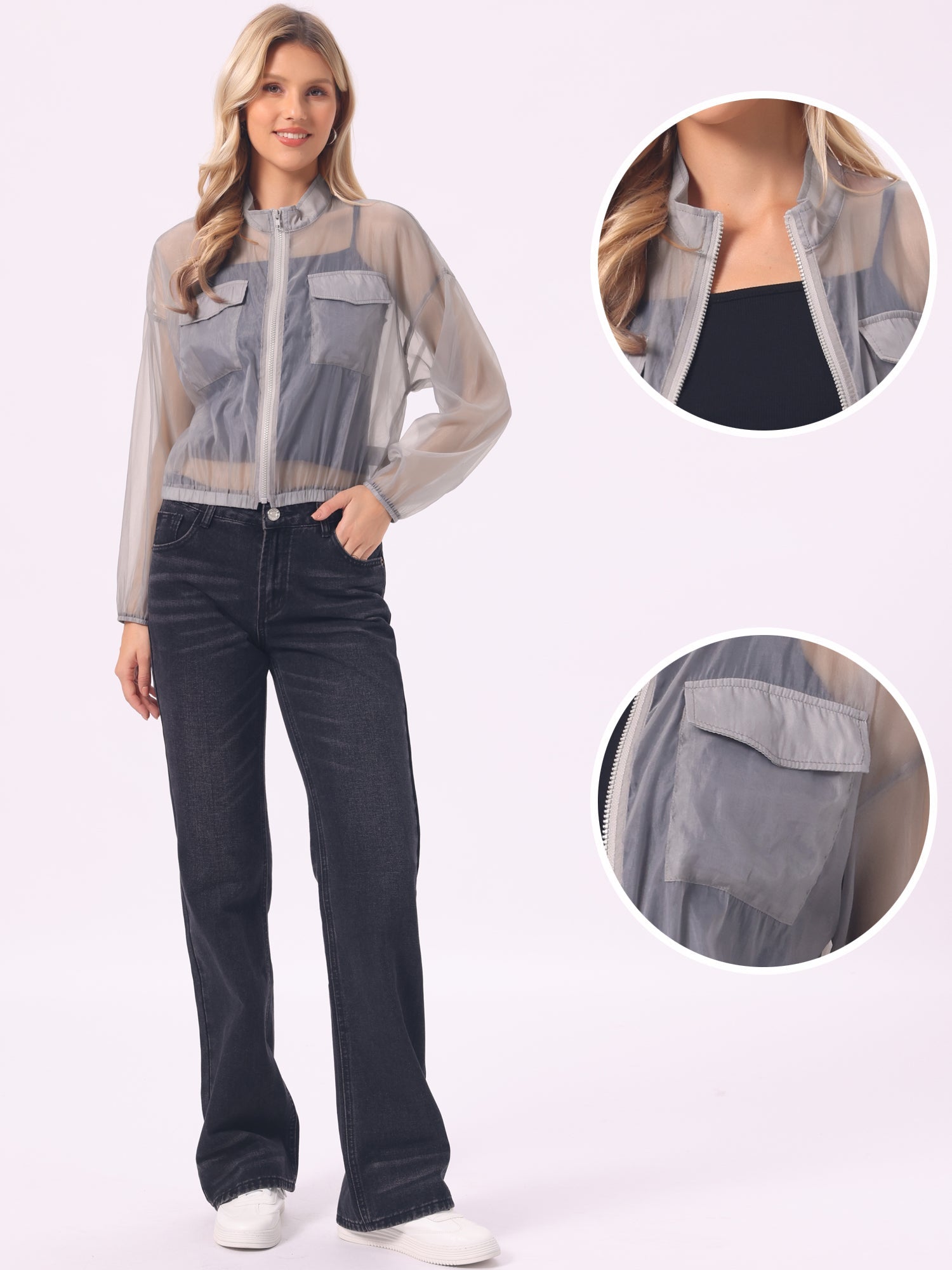 Sheer Zip Up Long Sleeve See Through Bomber Jacket