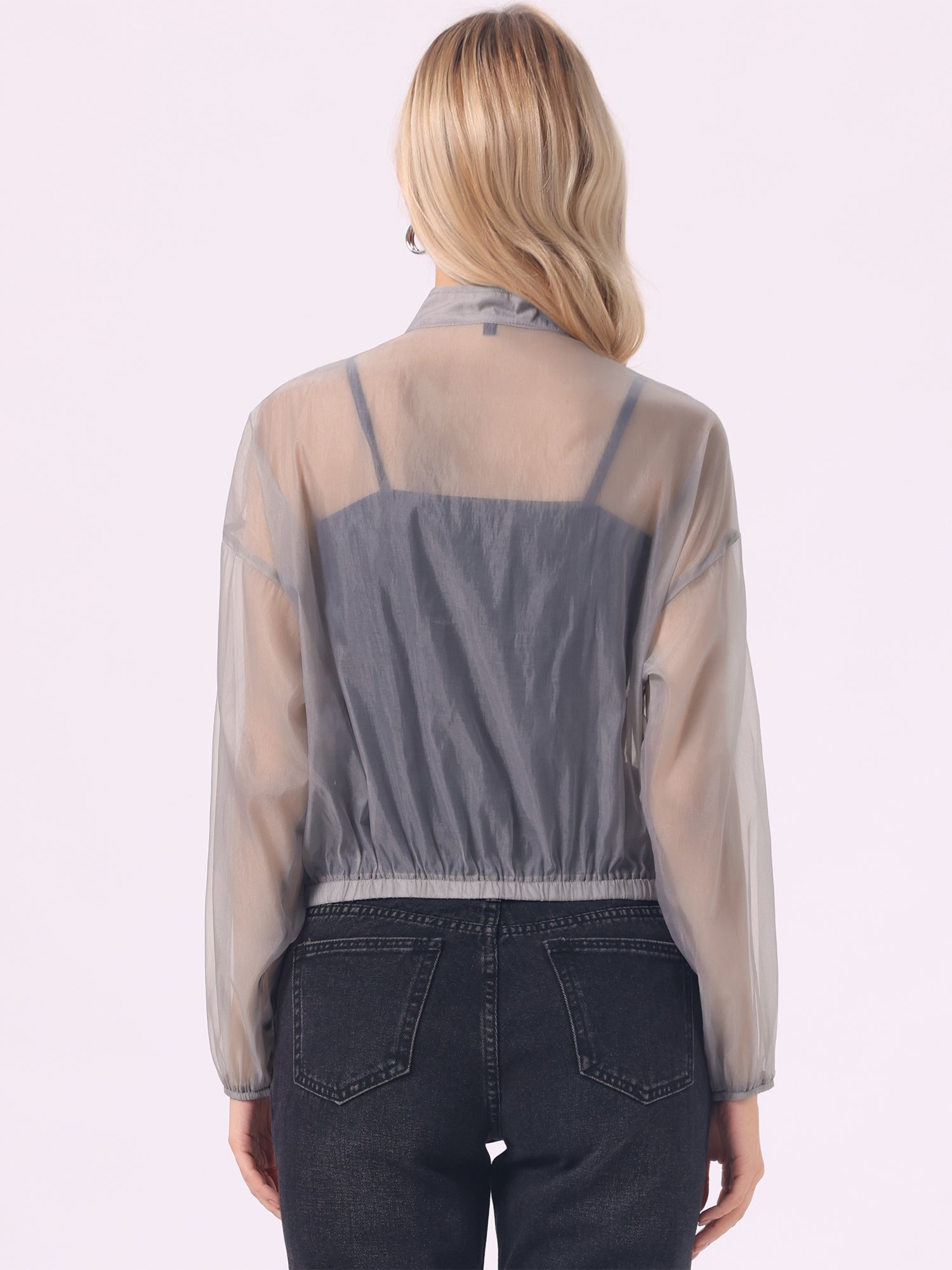 Sheer Zip Up Long Sleeve See Through Bomber Jacket