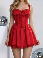Lace Patchwork Sleeveless Lace-Up Mini Prom Dress