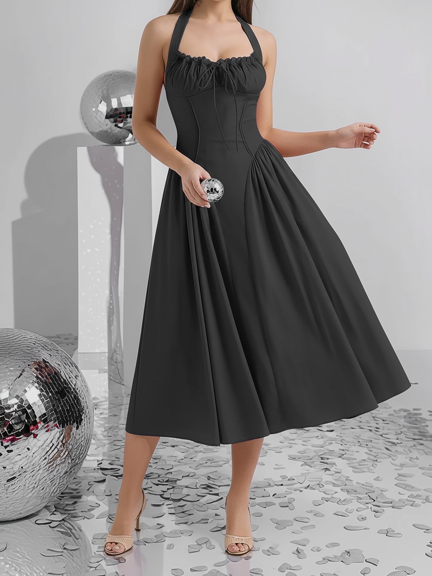 Halter Lace-Up Ruched Sleeveless Midi A-Line Dress