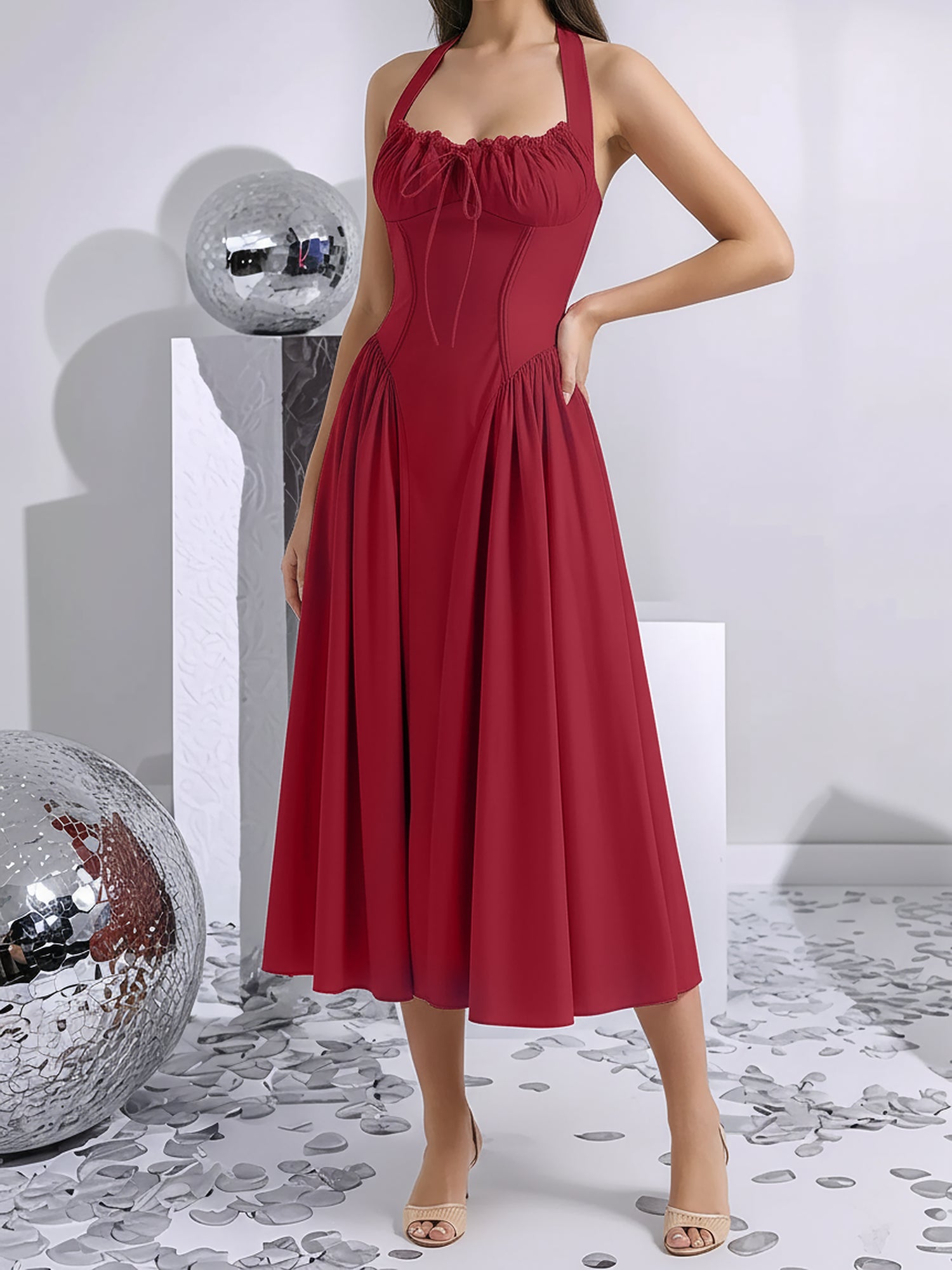 Halter Lace-Up Ruched Sleeveless Midi A-Line Dress