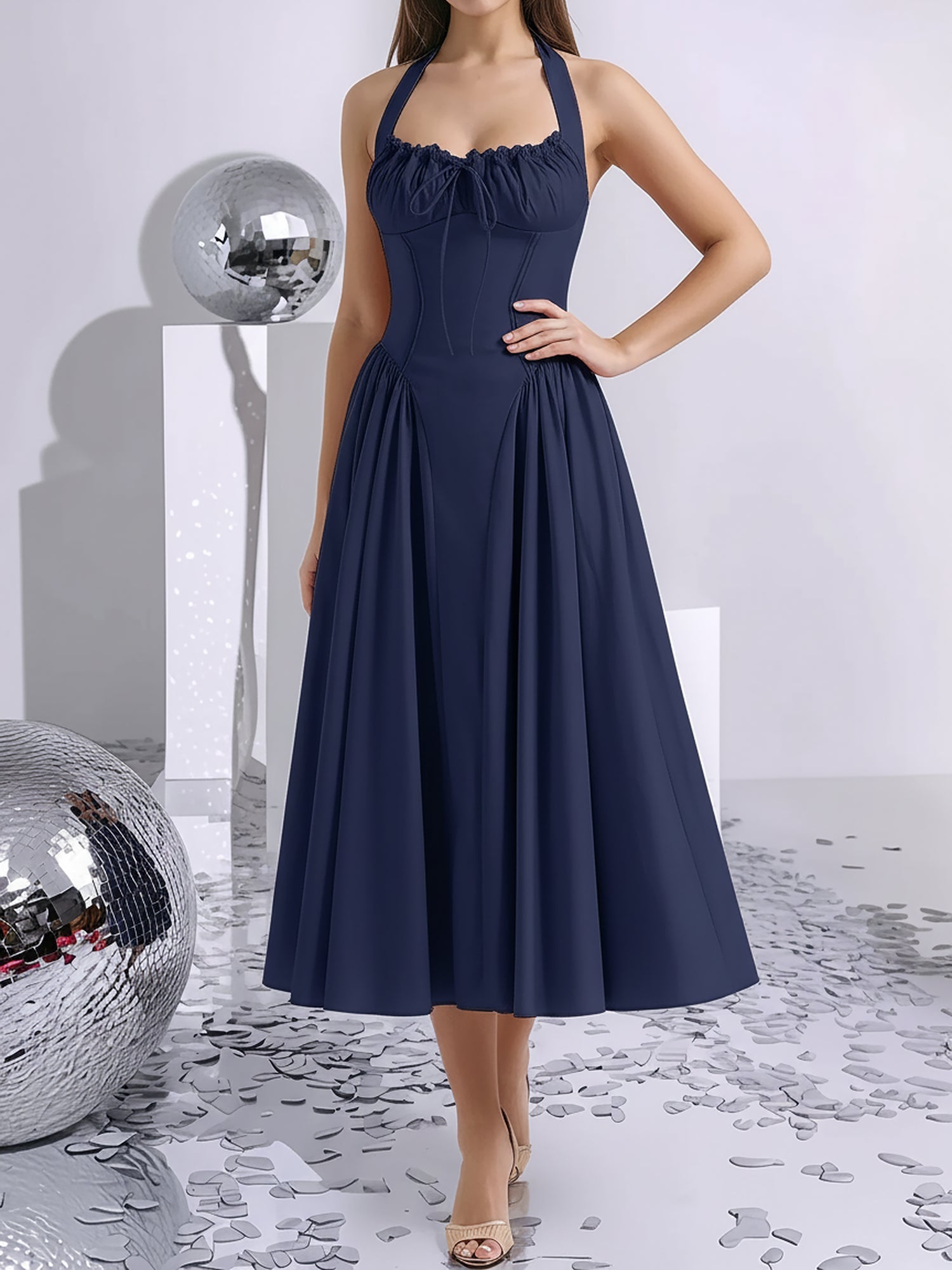 Halter Lace-Up Ruched Sleeveless Midi A-Line Dress