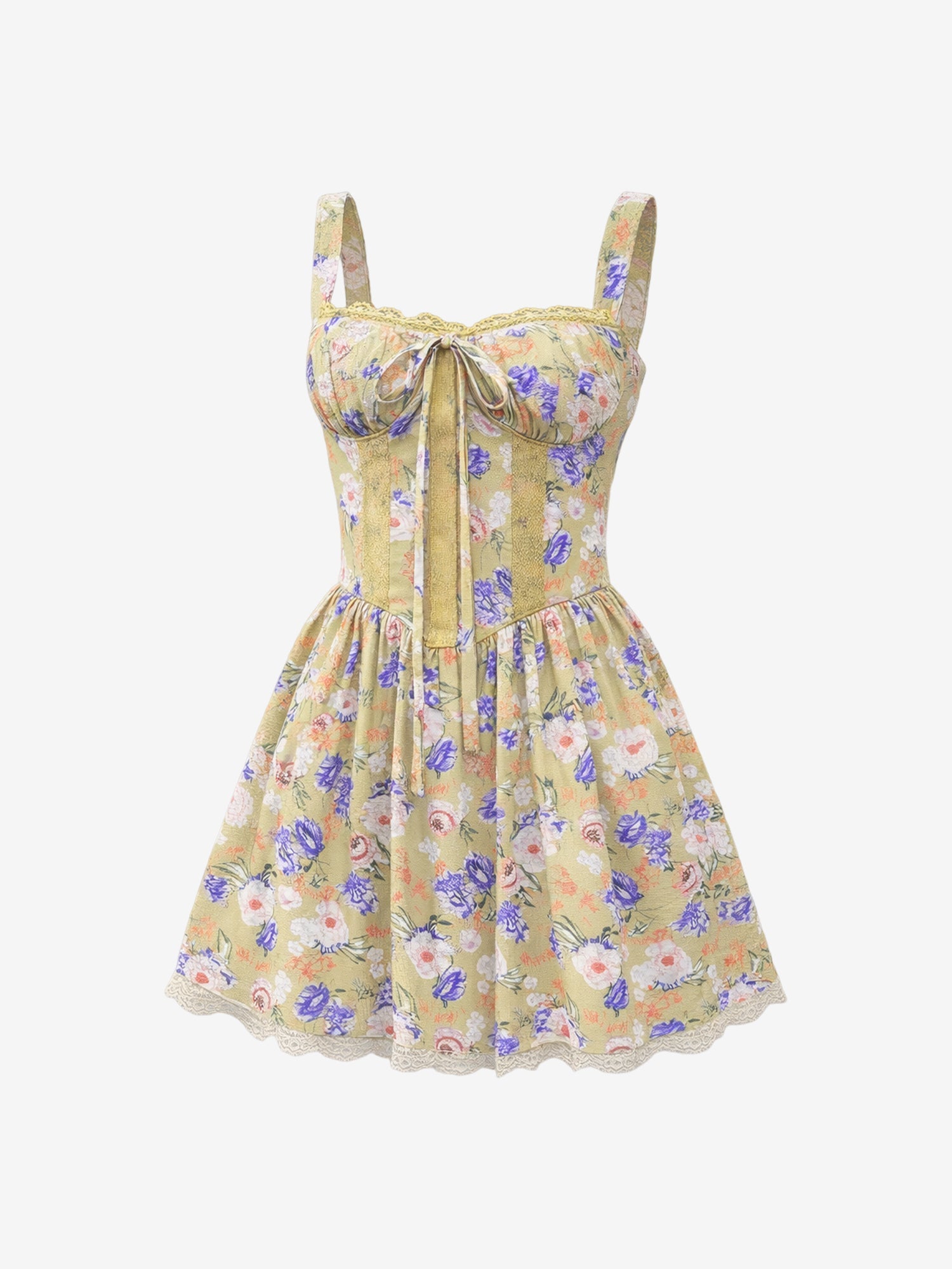 Lace-Trimmed Sleeveless Lace-Up Mini A-Line Dress