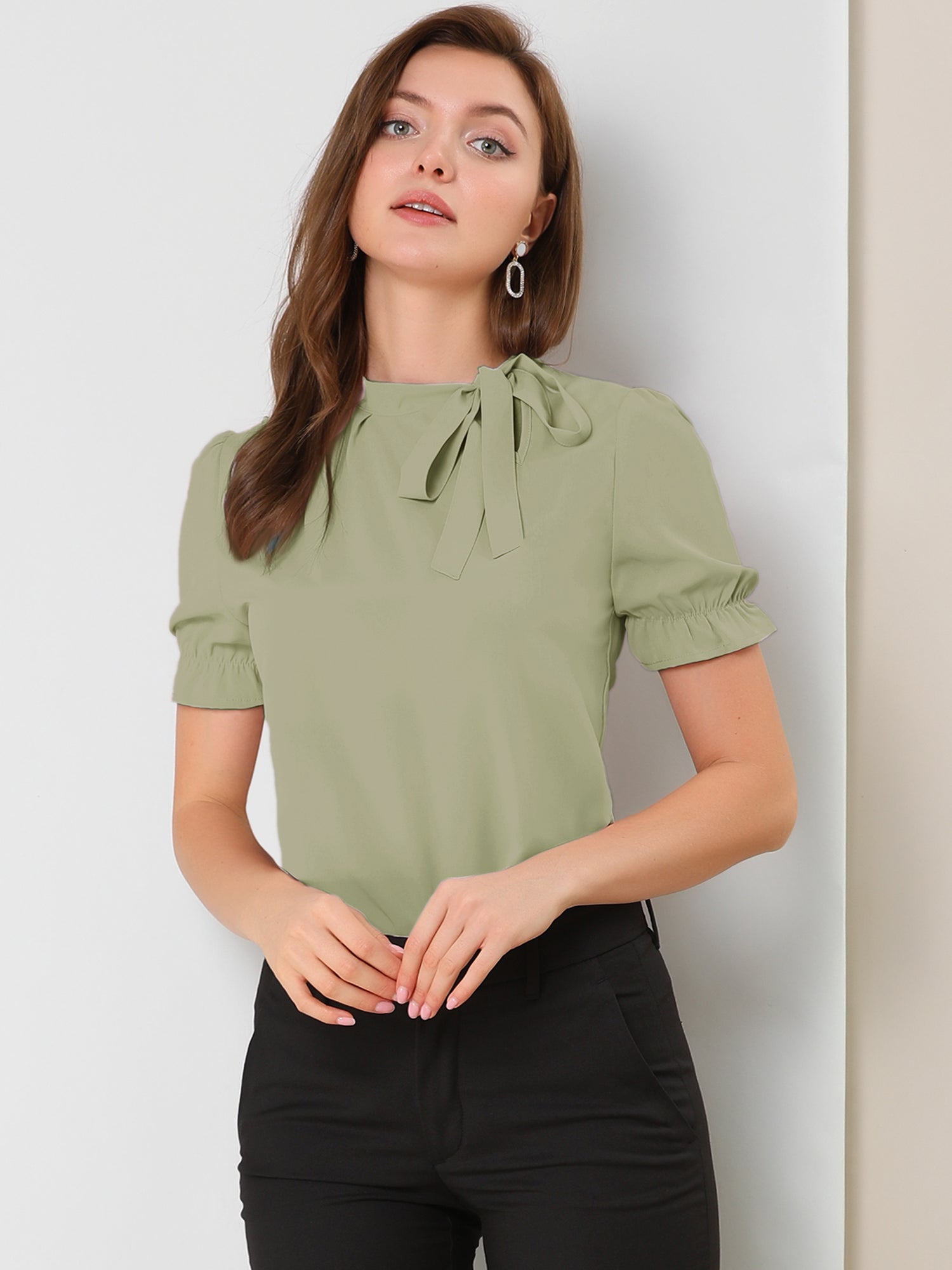 Bow Tie Neck Tops Elegant Office Short Sleeve Blouse