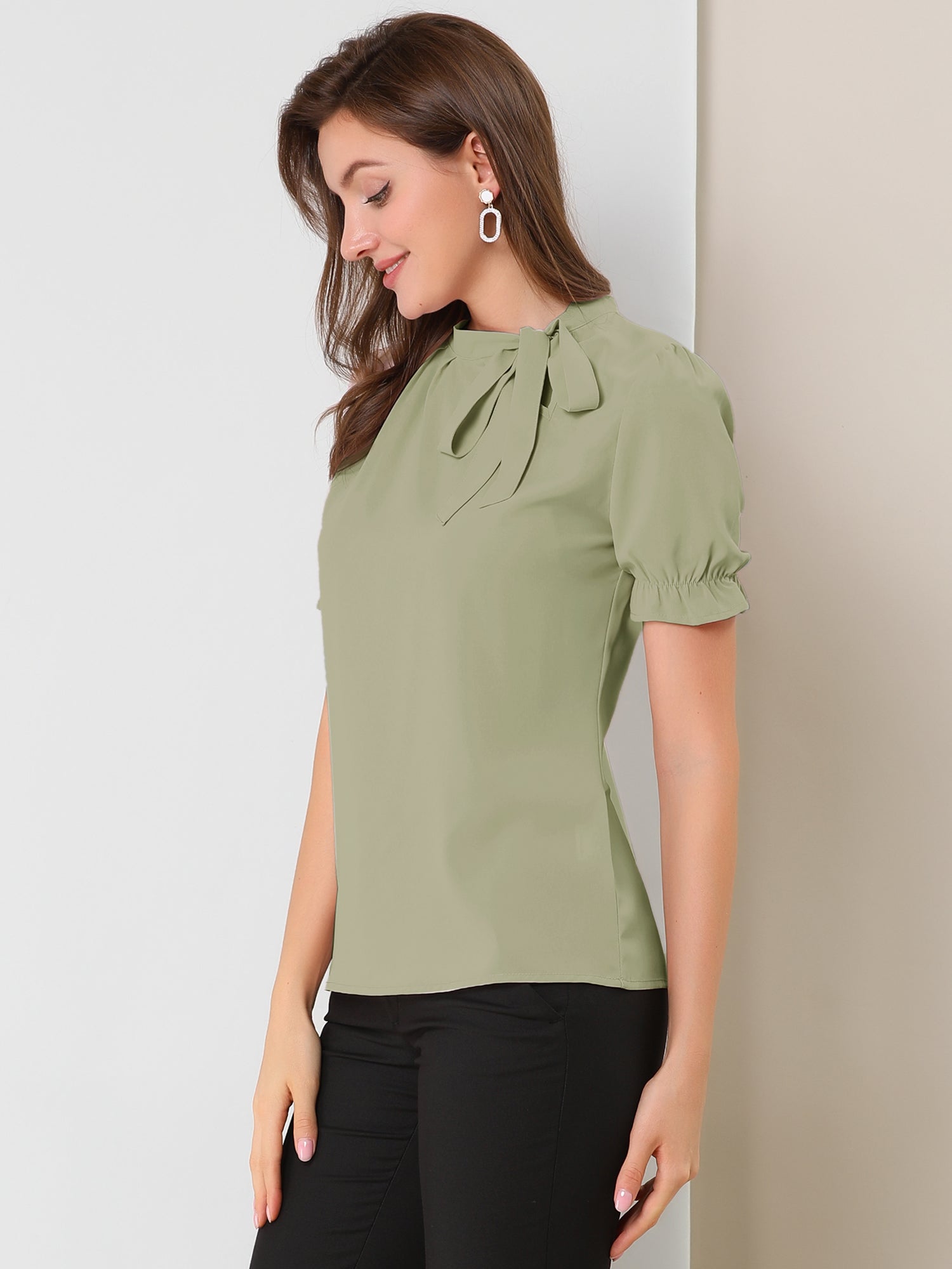 Bow Tie Neck Tops Elegant Office Short Sleeve Blouse