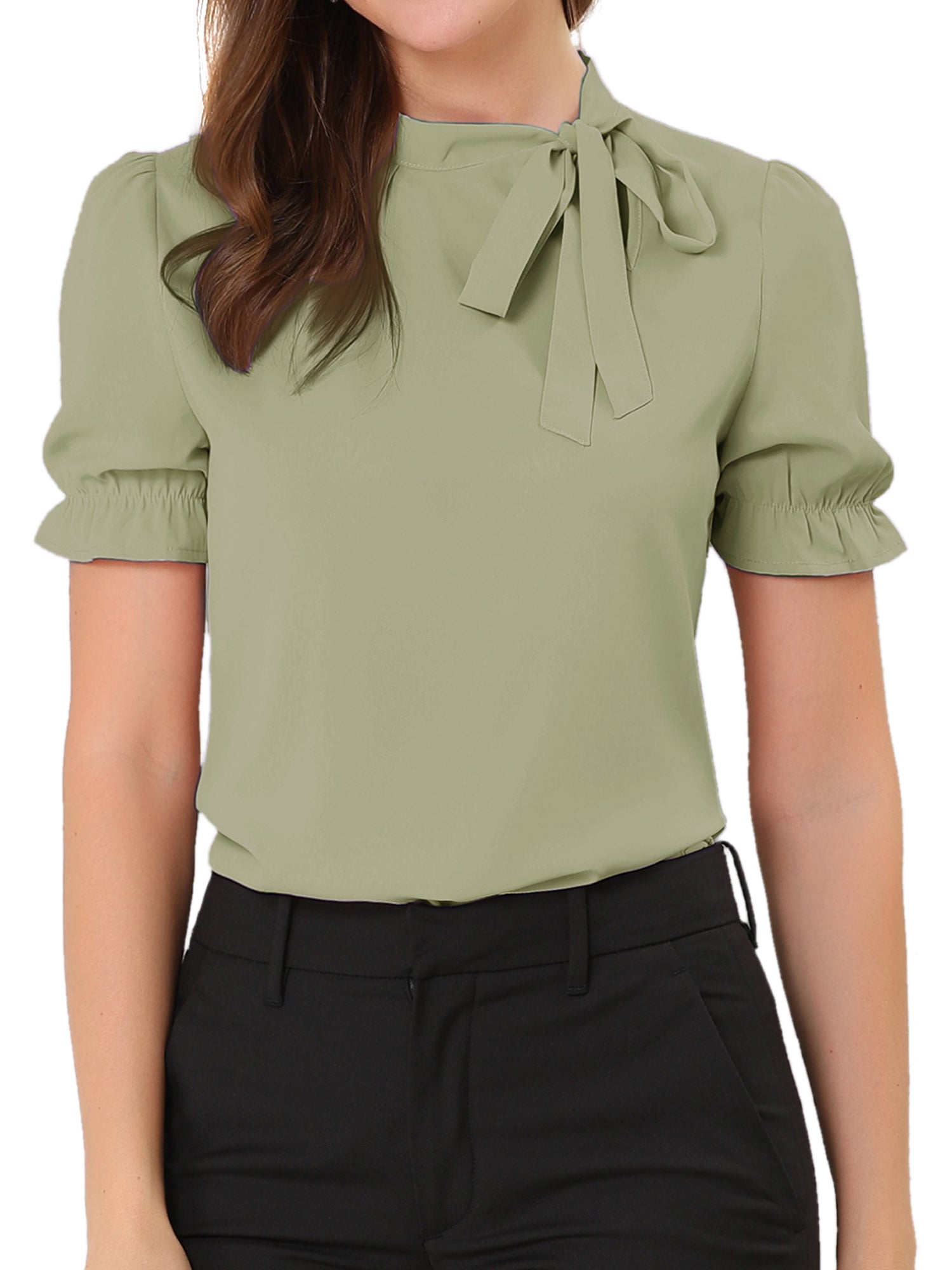 Bow Tie Neck Tops Elegant Office Short Sleeve Blouse
