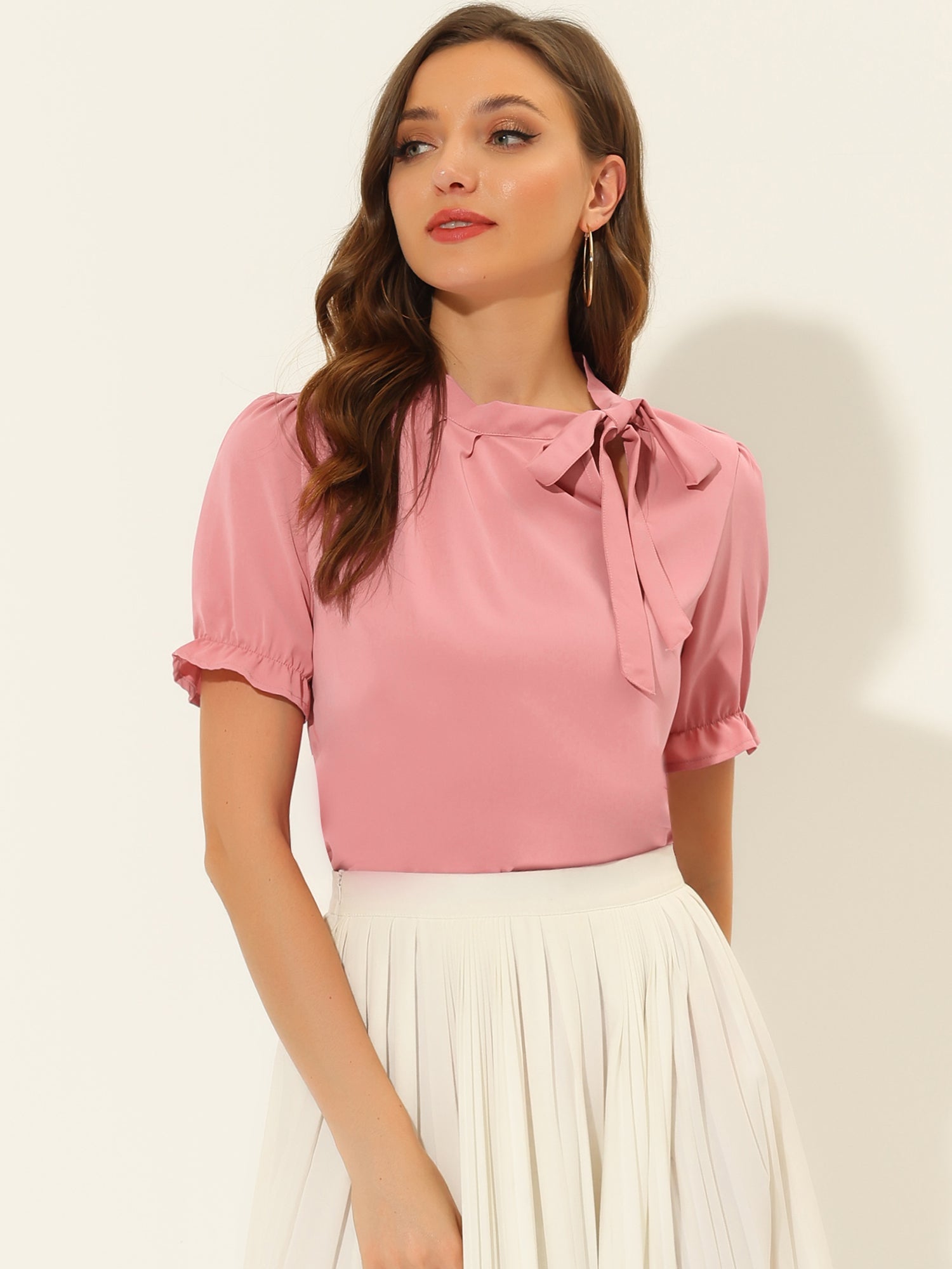 Bow Tie Neck Tops Elegant Office Short Sleeve Blouse
