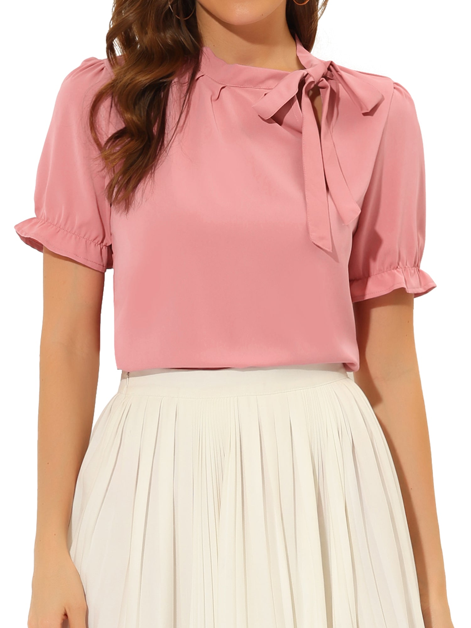 Bow Tie Neck Tops Elegant Office Short Sleeve Blouse