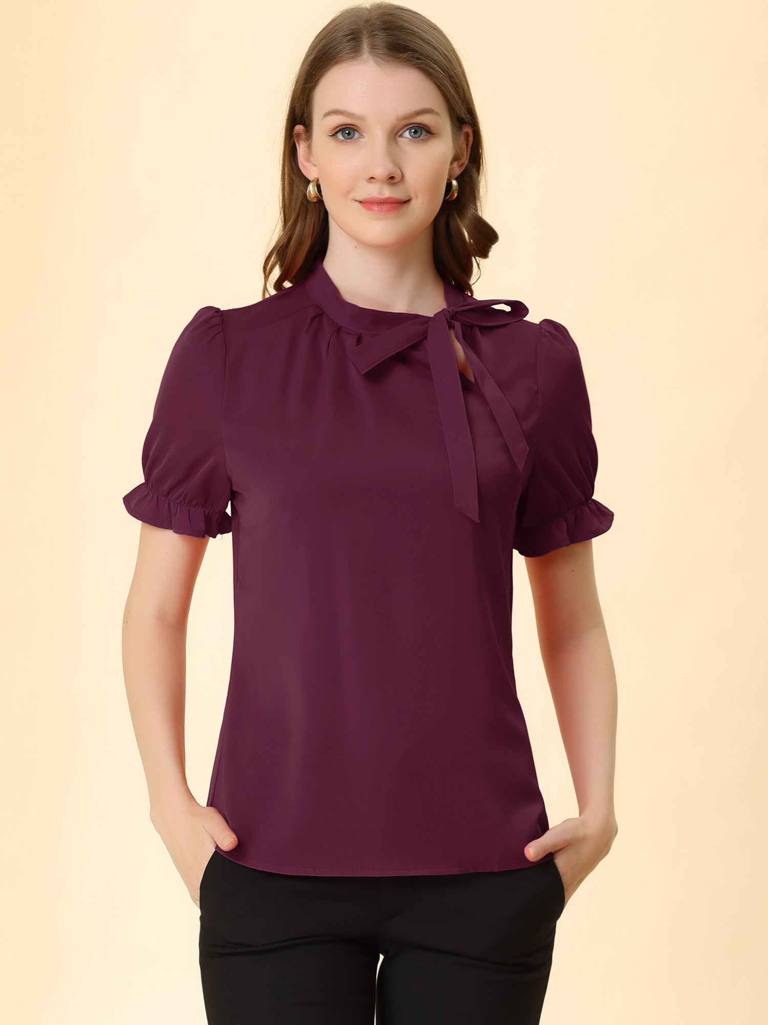 Bow Tie Neck Tops Elegant Office Short Sleeve Blouse