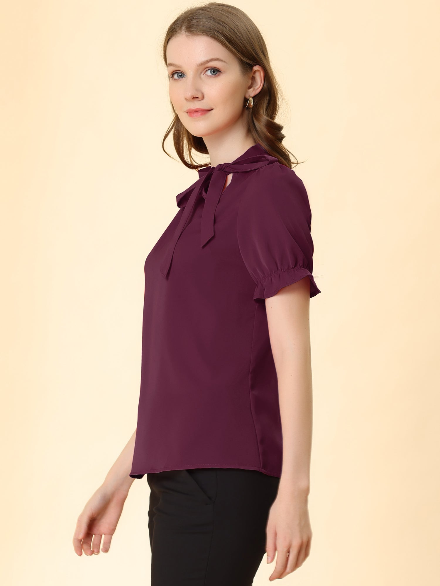 Bow Tie Neck Tops Elegant Office Short Sleeve Blouse