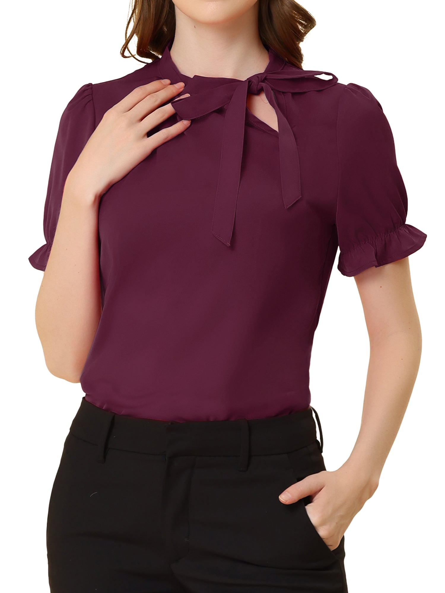 Bow Tie Neck Tops Elegant Office Short Sleeve Blouse