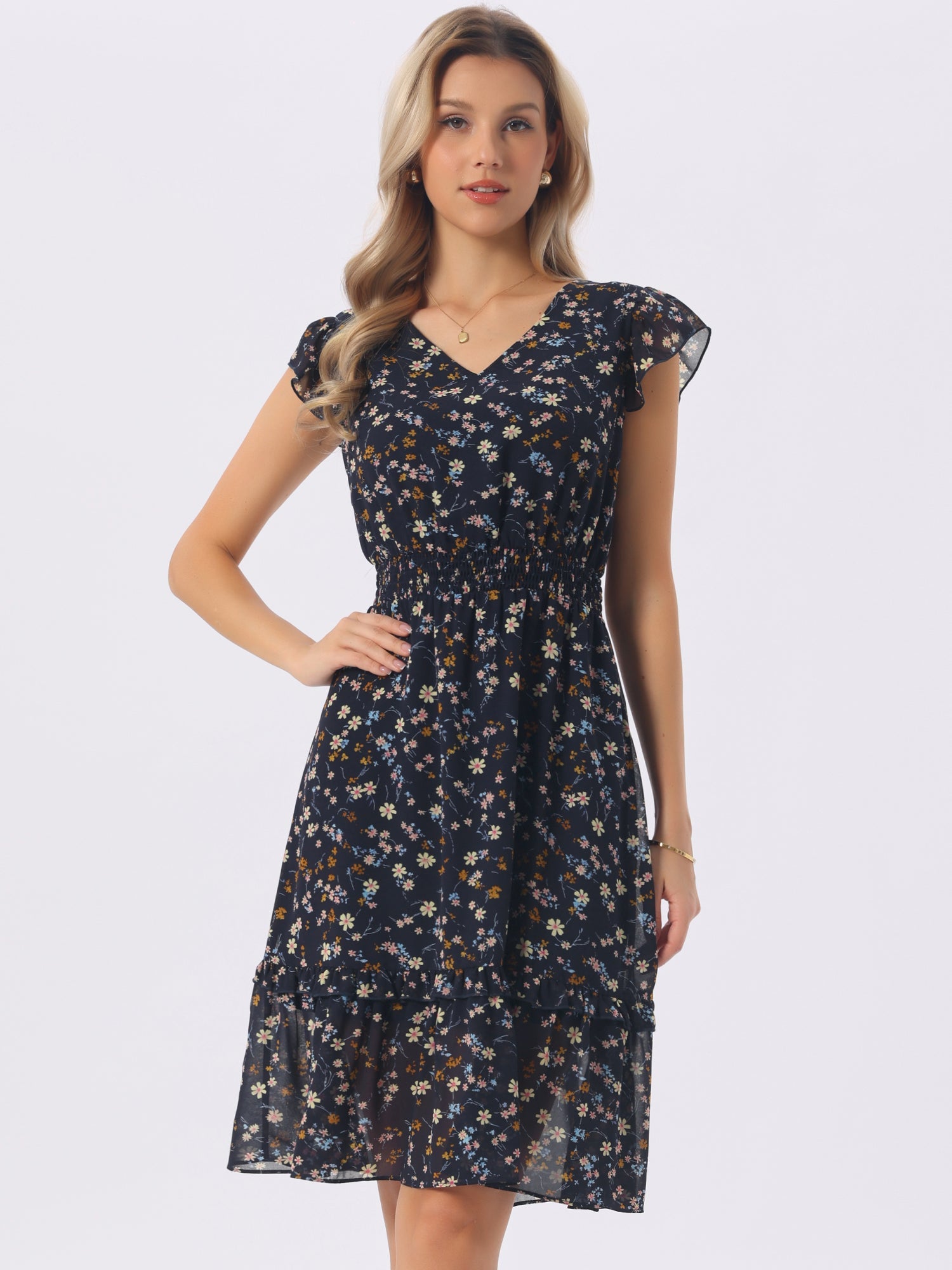 Floral Flutter Sleeve V Neck Smocked Ruffle Dress