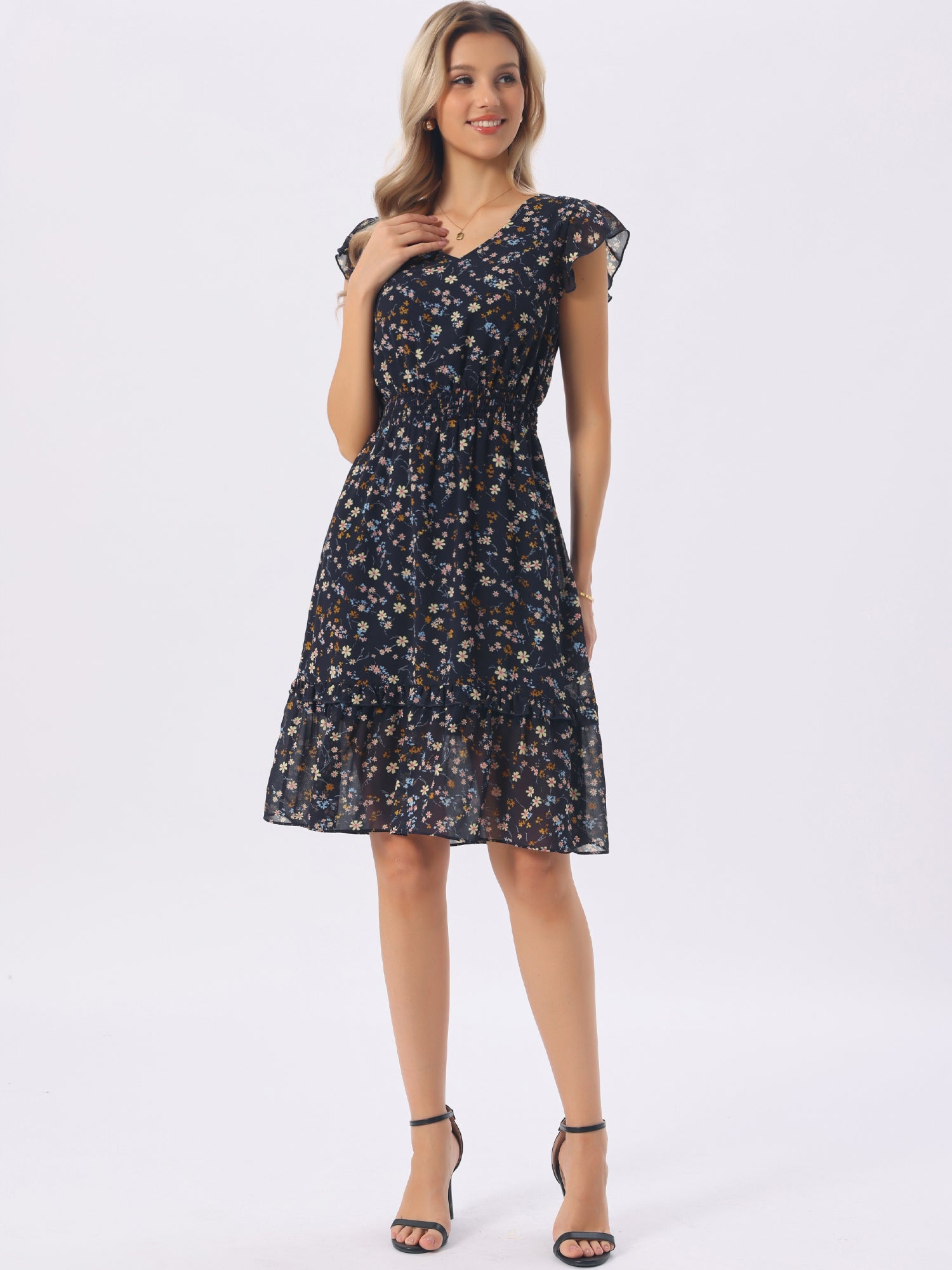 Floral Flutter Sleeve V Neck Smocked Ruffle Dress