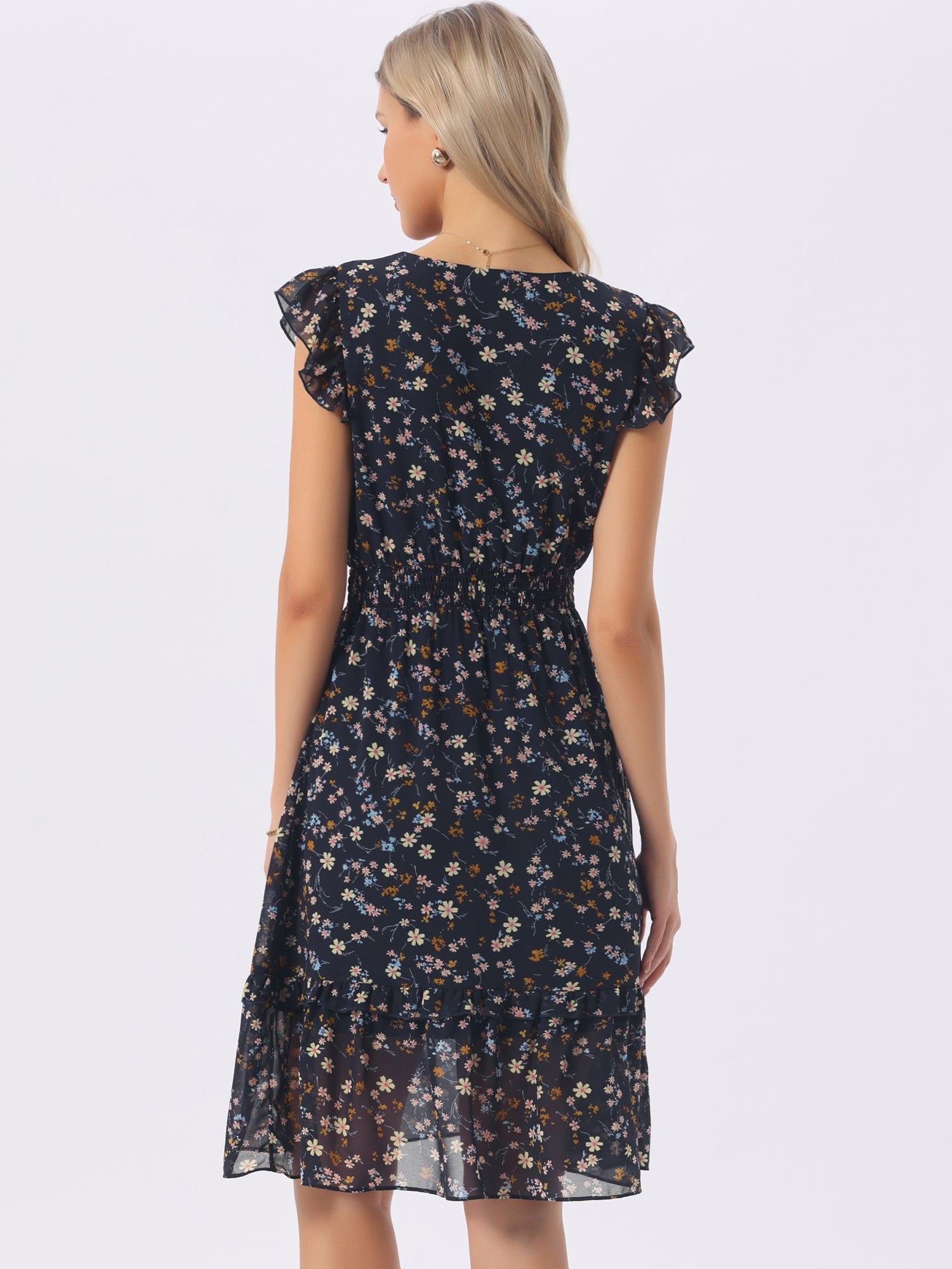 Floral Flutter Sleeve V Neck Smocked Ruffle Dress
