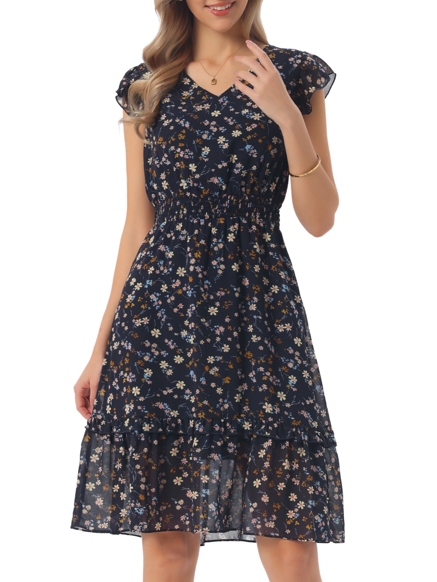 Floral Flutter Sleeve V Neck Smocked Ruffle Dress