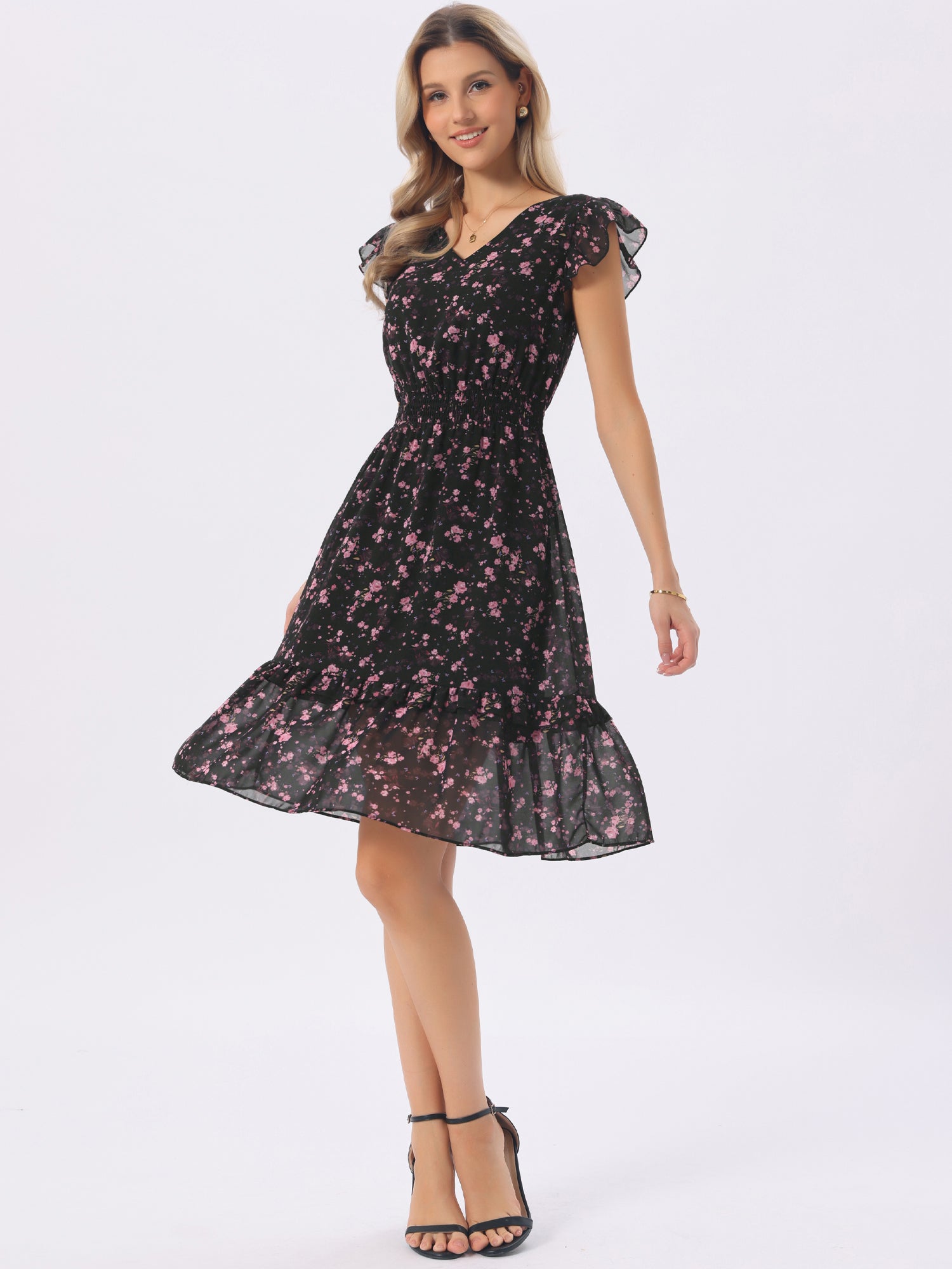 Floral Flutter Sleeve V Neck Smocked Ruffle Dress