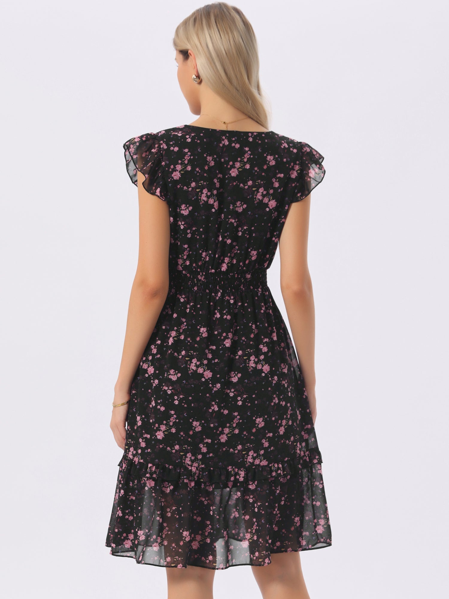 Floral Flutter Sleeve V Neck Smocked Ruffle Dress