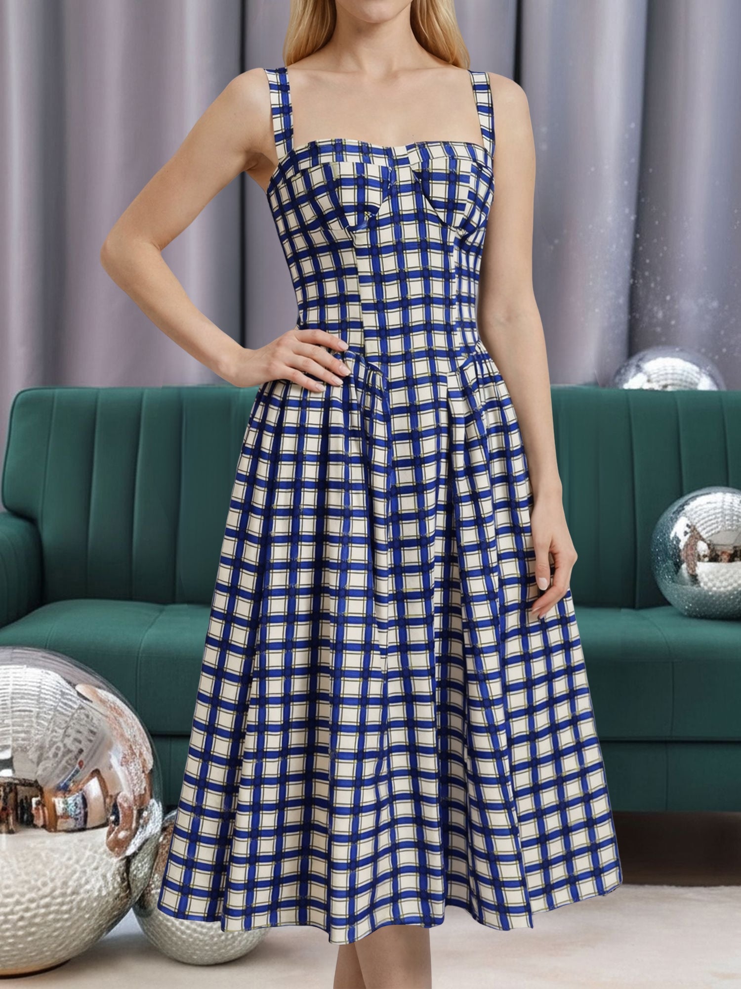 Vintage Spaghetti Strap Floral/Plaid Swing Dress