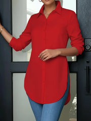 Collared Long Sleeves Solid Color Side Slit Shirt