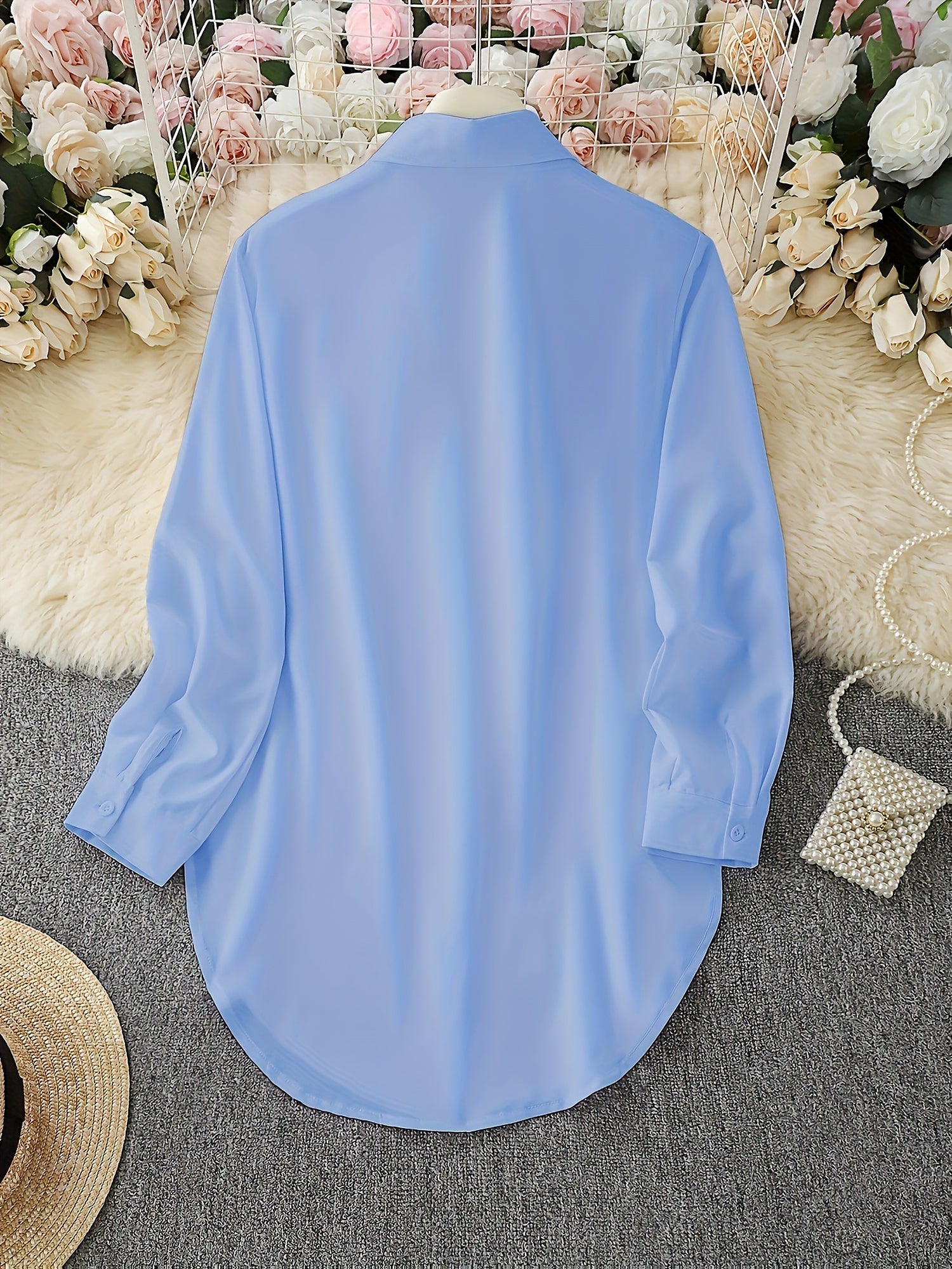 Collared Long Sleeves Solid Color Side Slit Shirt