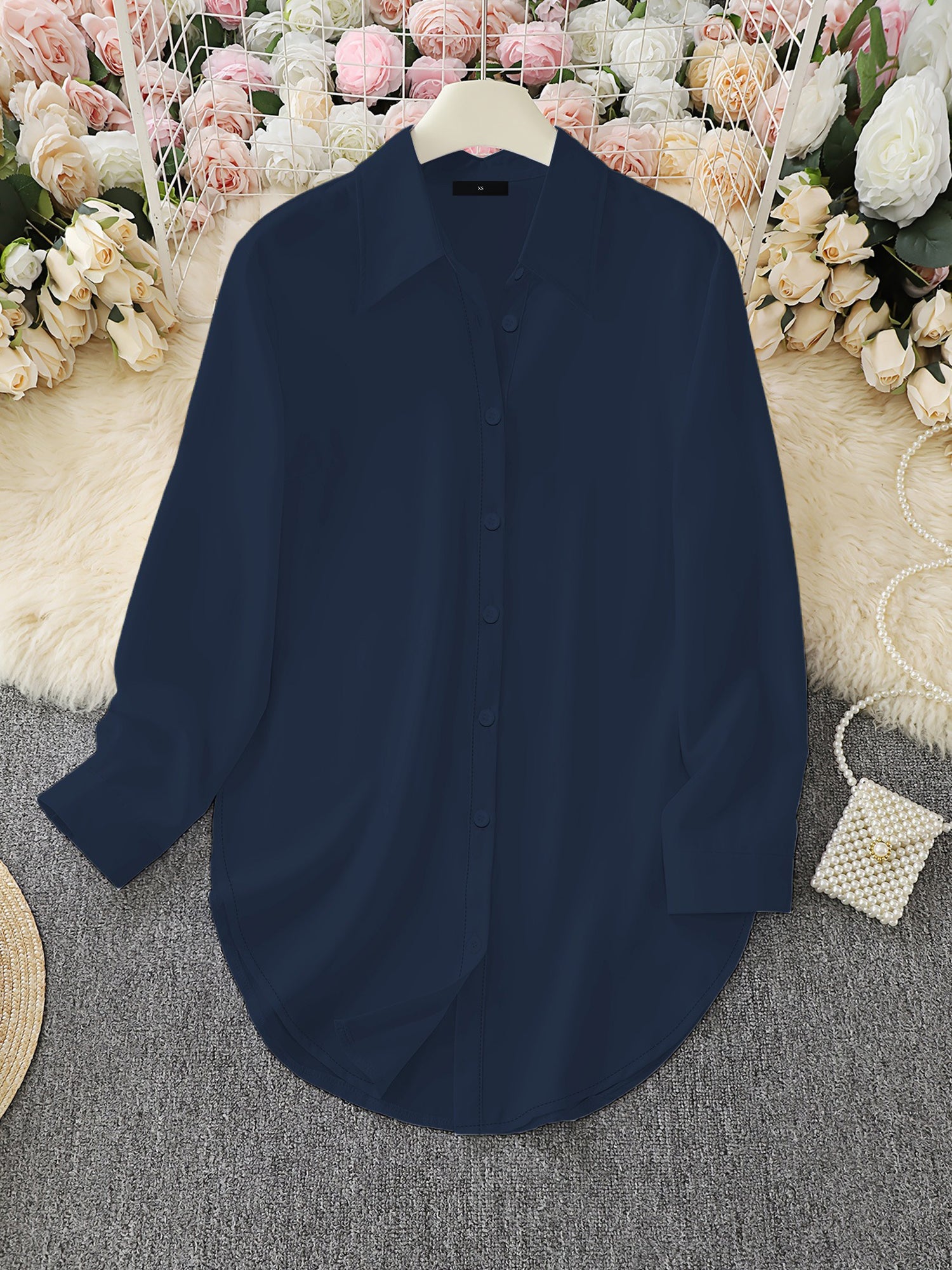 Collared Long Sleeves Solid Color Side Slit Shirt