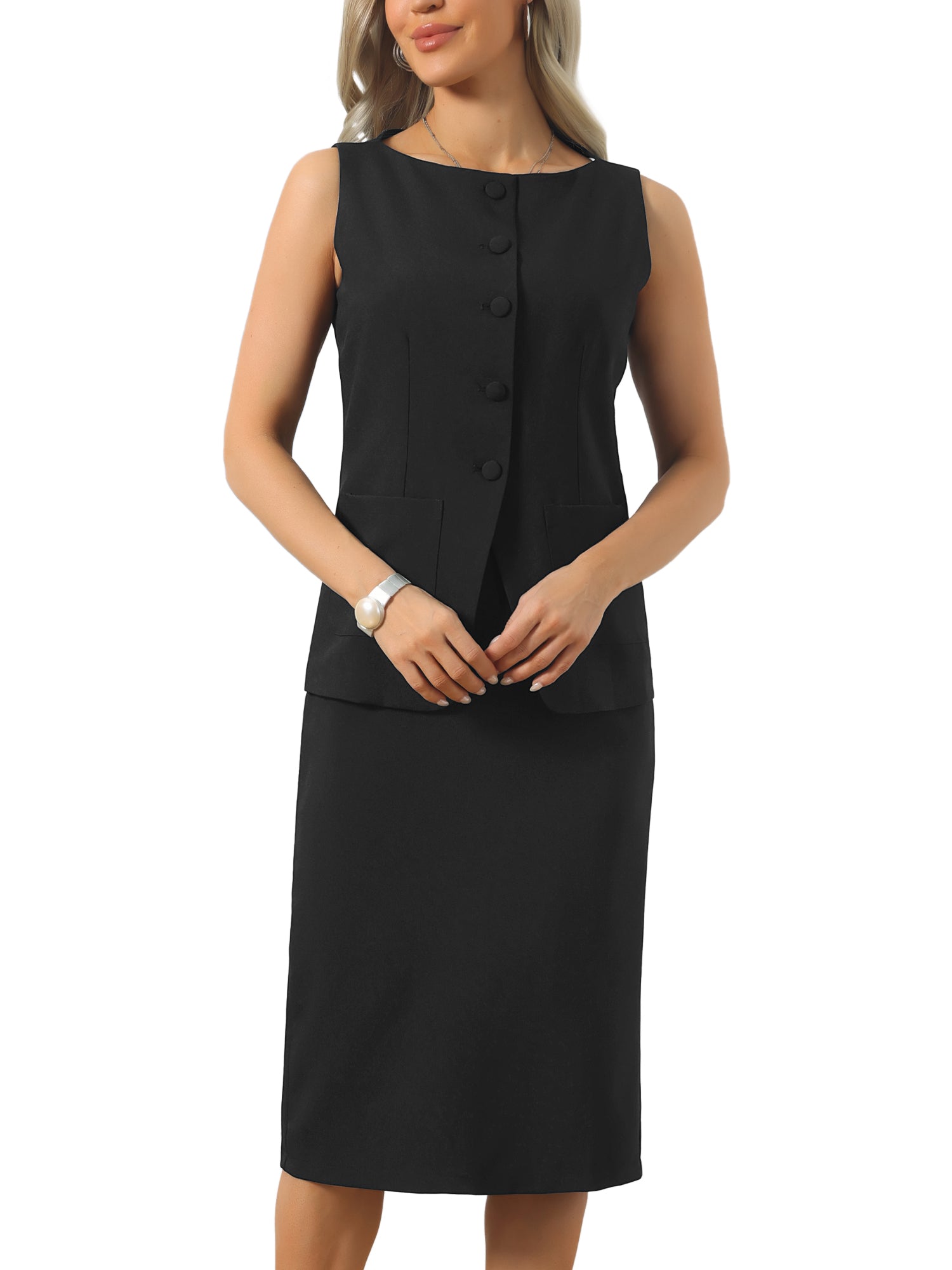 2 Piece Business Work Set Button Down Sleeveless Vest & Sheath Skirt Suit Set