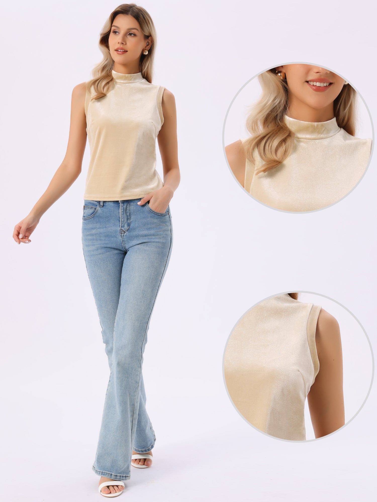 Mock Neck Velvet Sleeveless Solid Color Tank Top