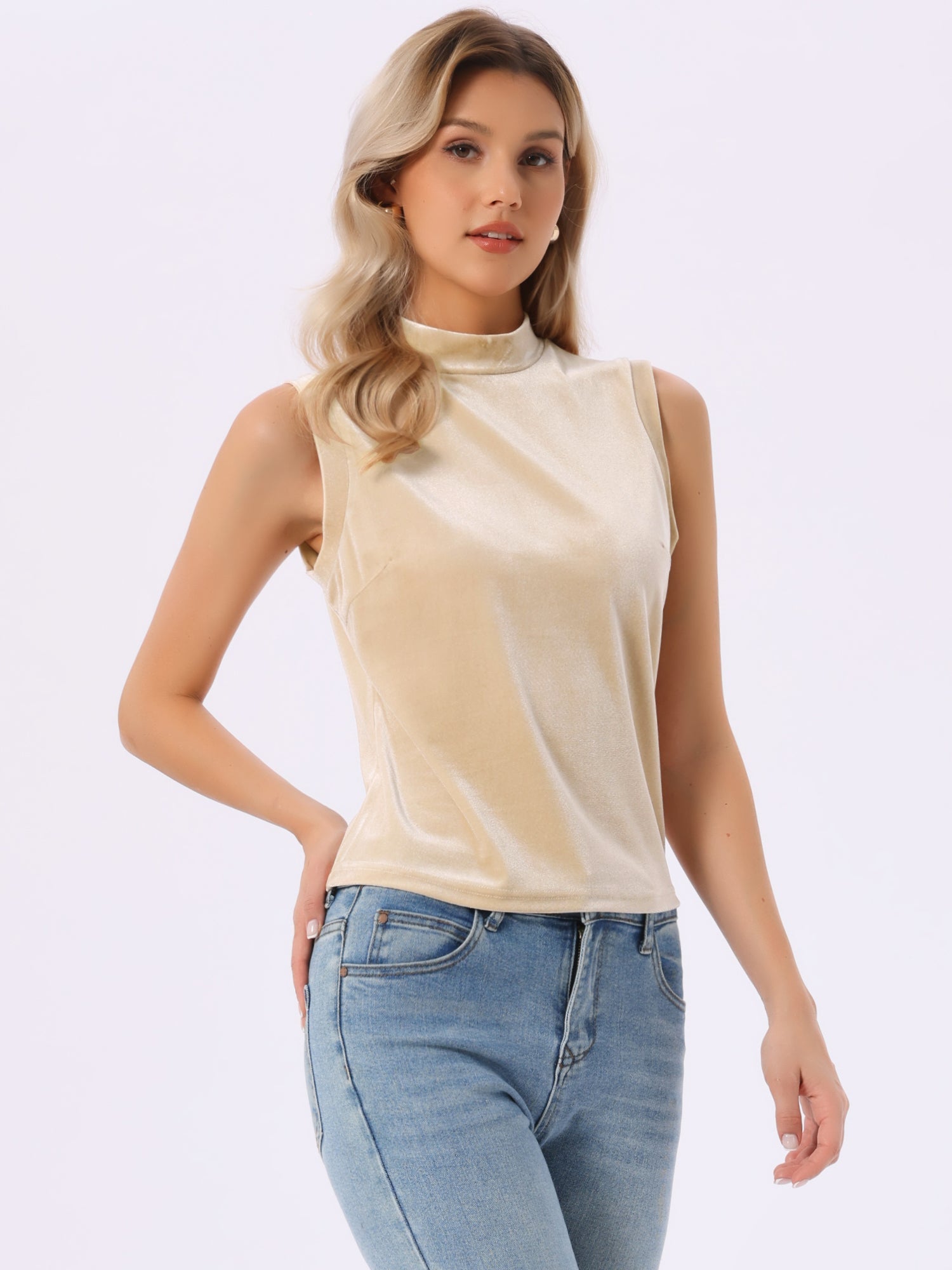 Mock Neck Velvet Sleeveless Solid Color Tank Top