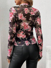 Floral Print Crew Neck Mesh Fitted Blouse