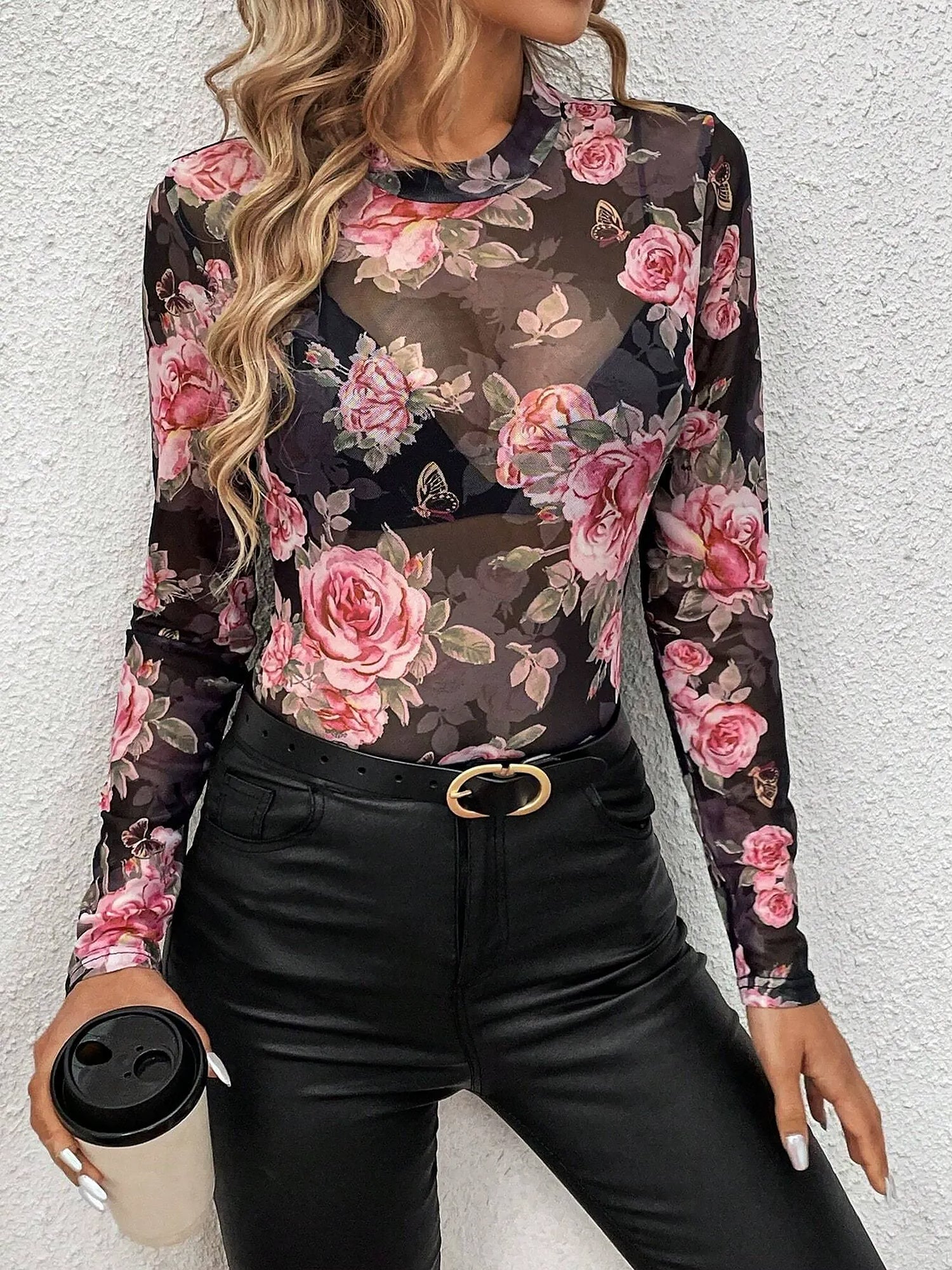 Floral Print Crew Neck Mesh Fitted Blouse
